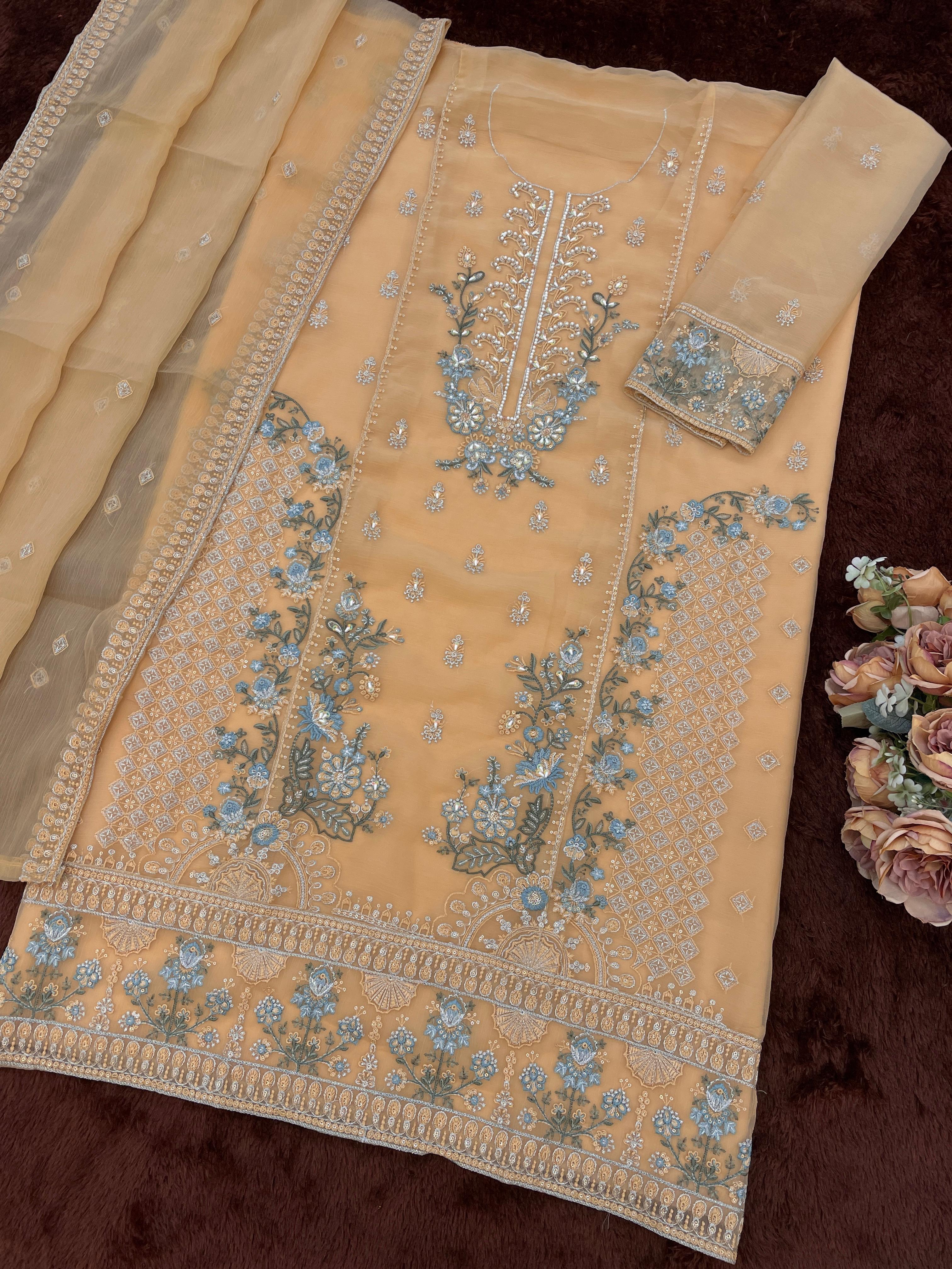 Beige Chiffon Embroidered Salwar Suit with Chiffon Dupatta