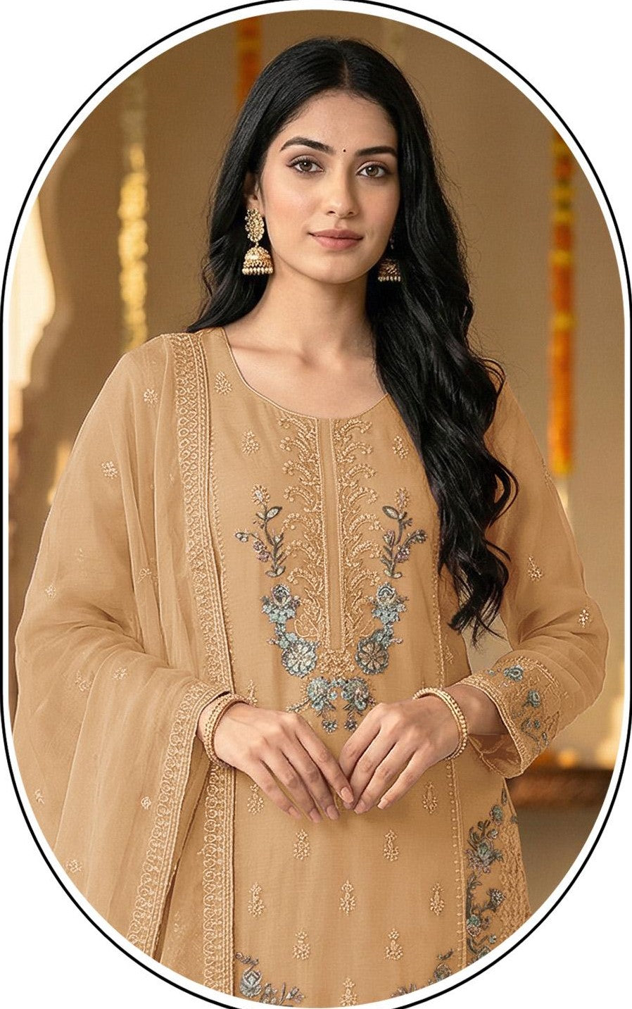 Beige Chiffon Embroidered Salwar Suit with Chiffon Dupatta