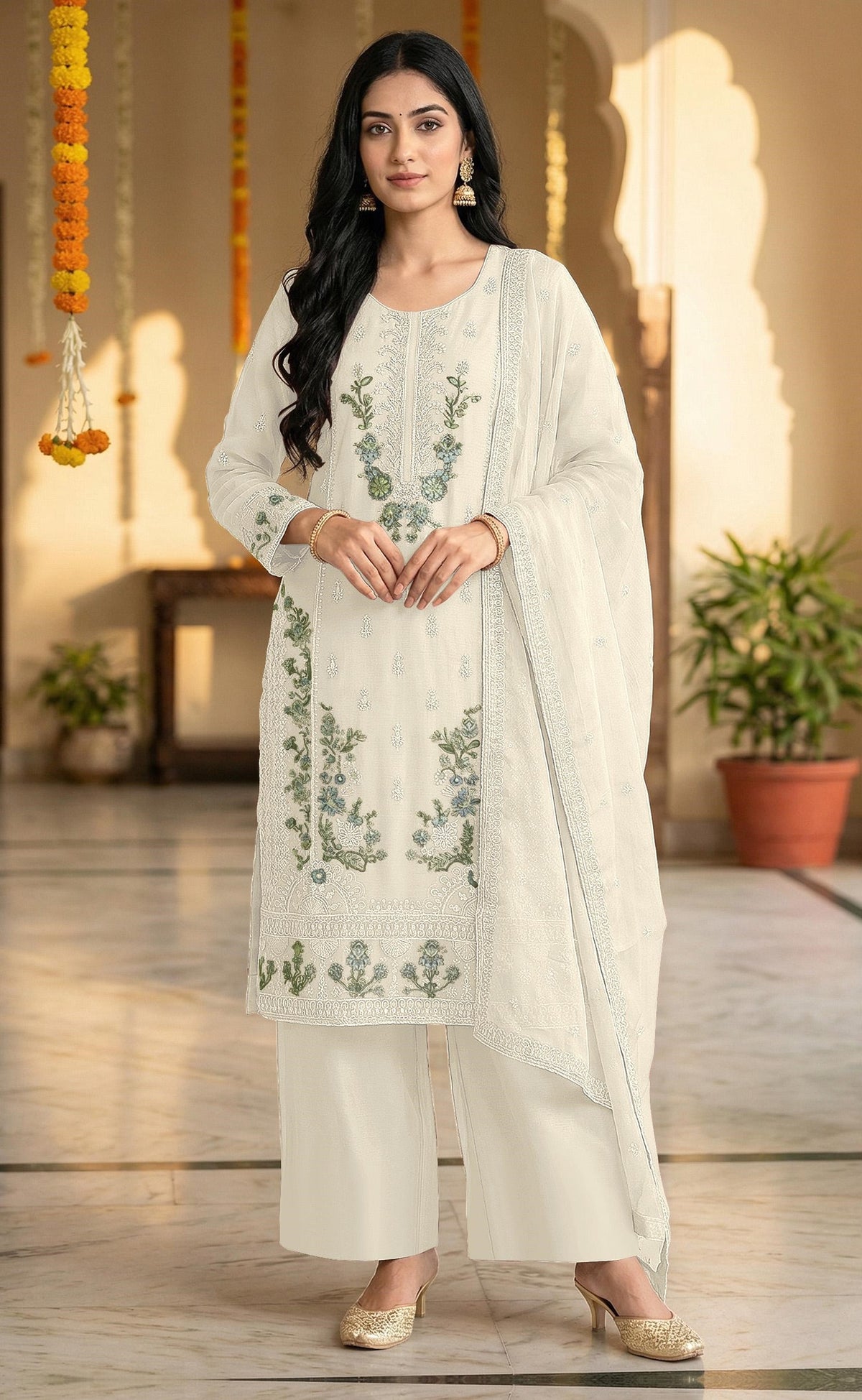 Off White Chiffon Embroidered Salwar Suit with Chiffon Dupatta
