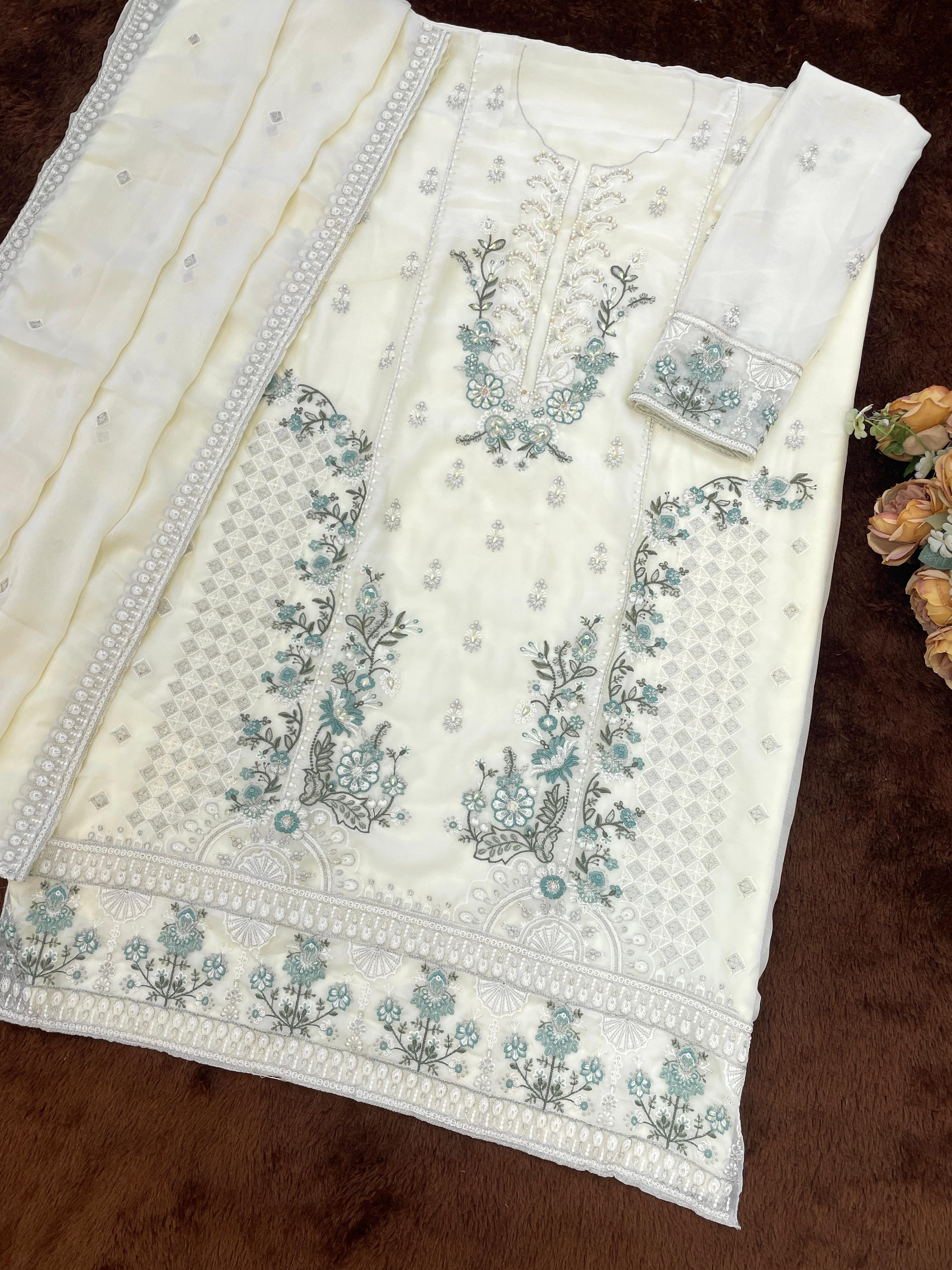 Off White Chiffon Embroidered Salwar Suit with Chiffon Dupatta