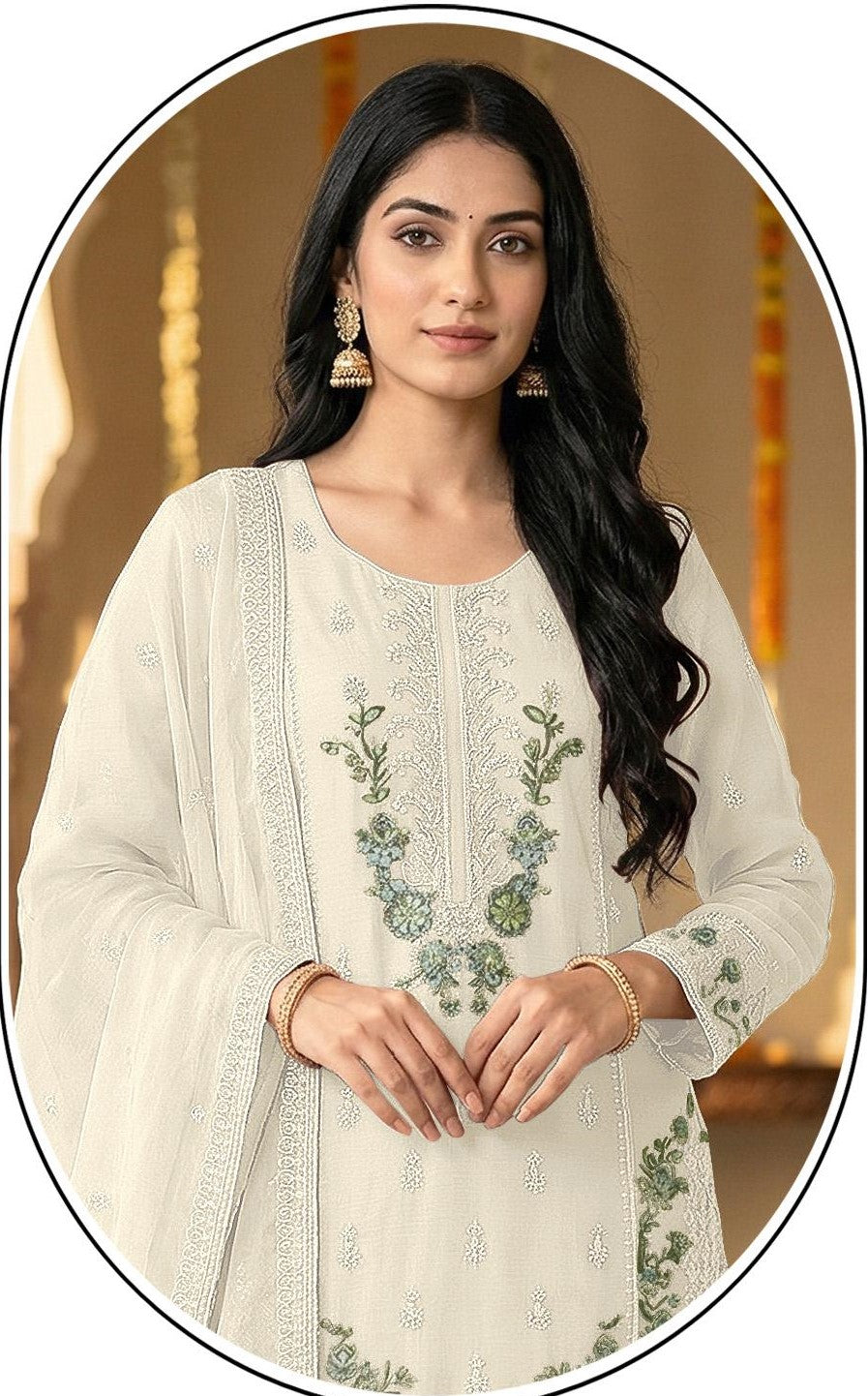 Off White Chiffon Embroidered Salwar Suit with Chiffon Dupatta