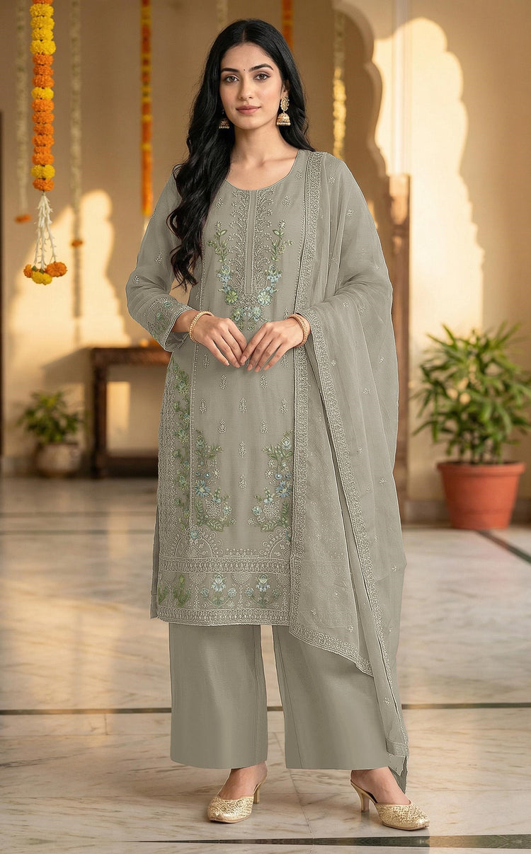 Grey Chiffon Embroidered Salwar Suit with Chiffon Dupatta