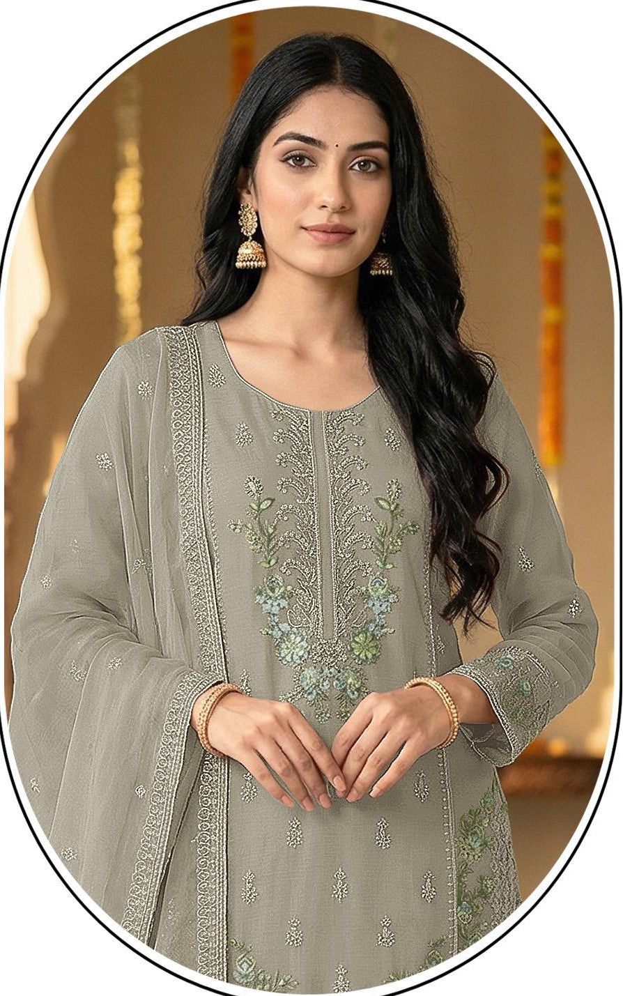 Grey Chiffon Embroidered Salwar Suit with Chiffon Dupatta