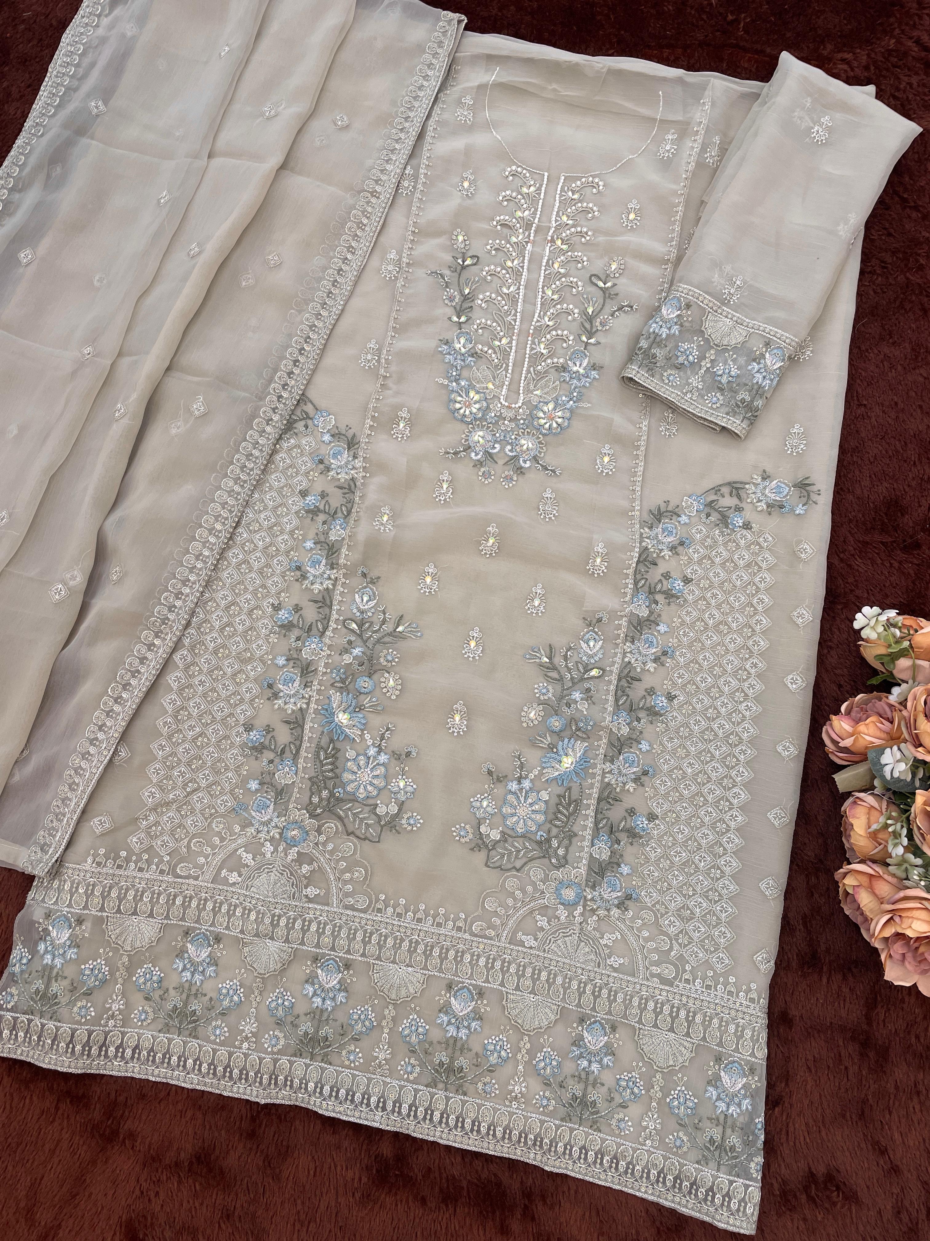Grey Chiffon Embroidered Salwar Suit with Chiffon Dupatta
