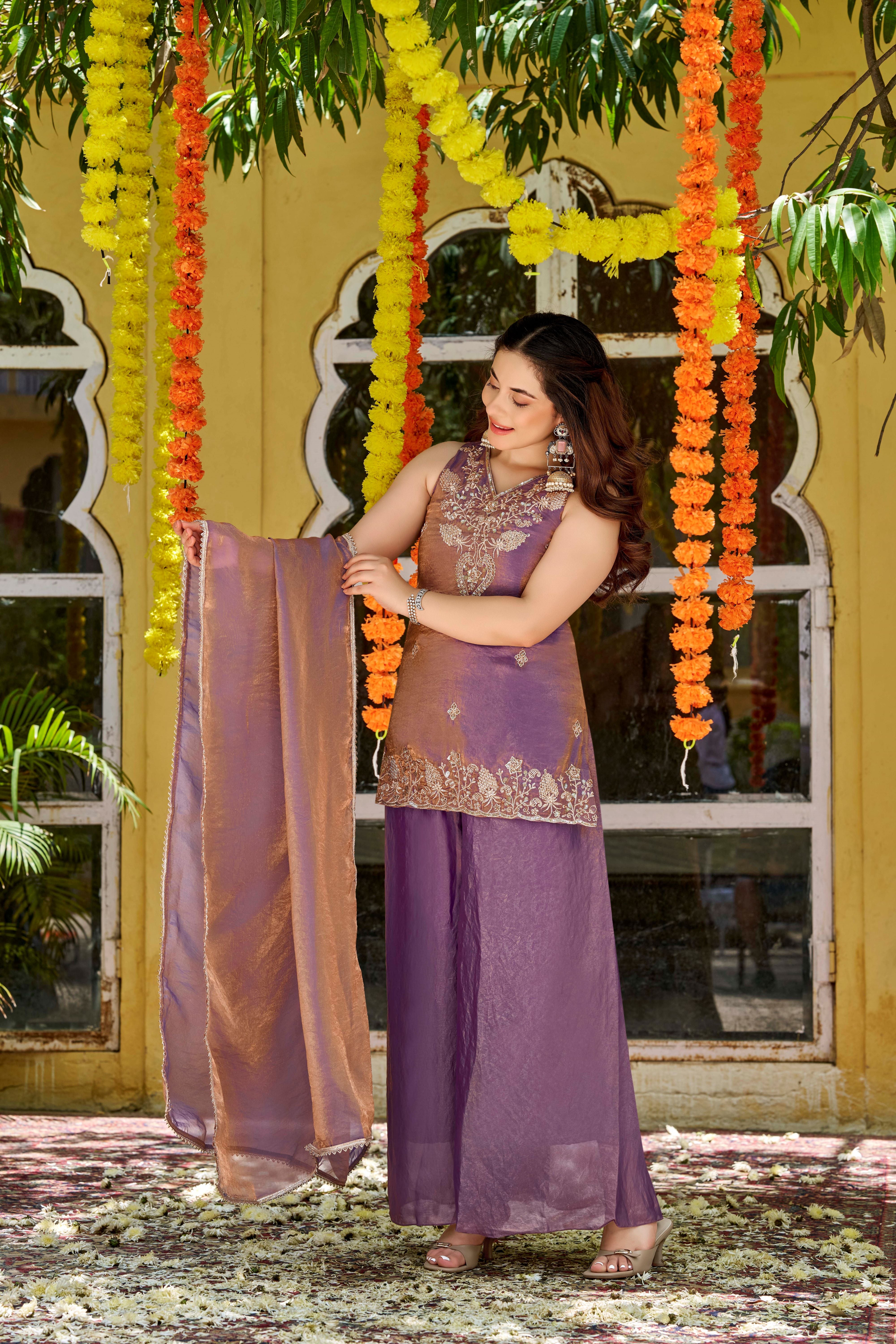 Purple Embroidered Fendy Satin Kurta Palazzo Set with Dupatta