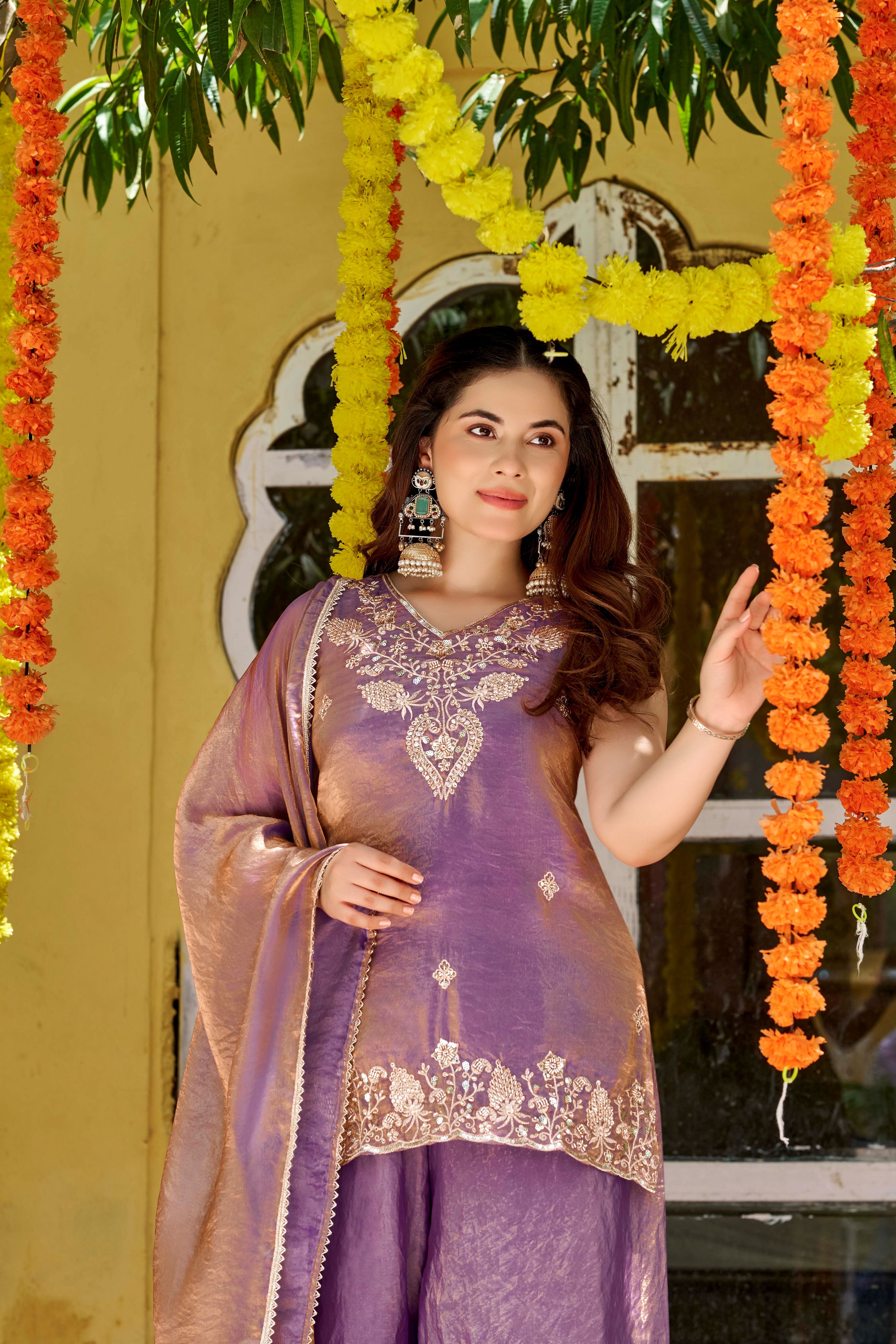 Purple Embroidered Fendy Satin Kurta Palazzo Set with Dupatta