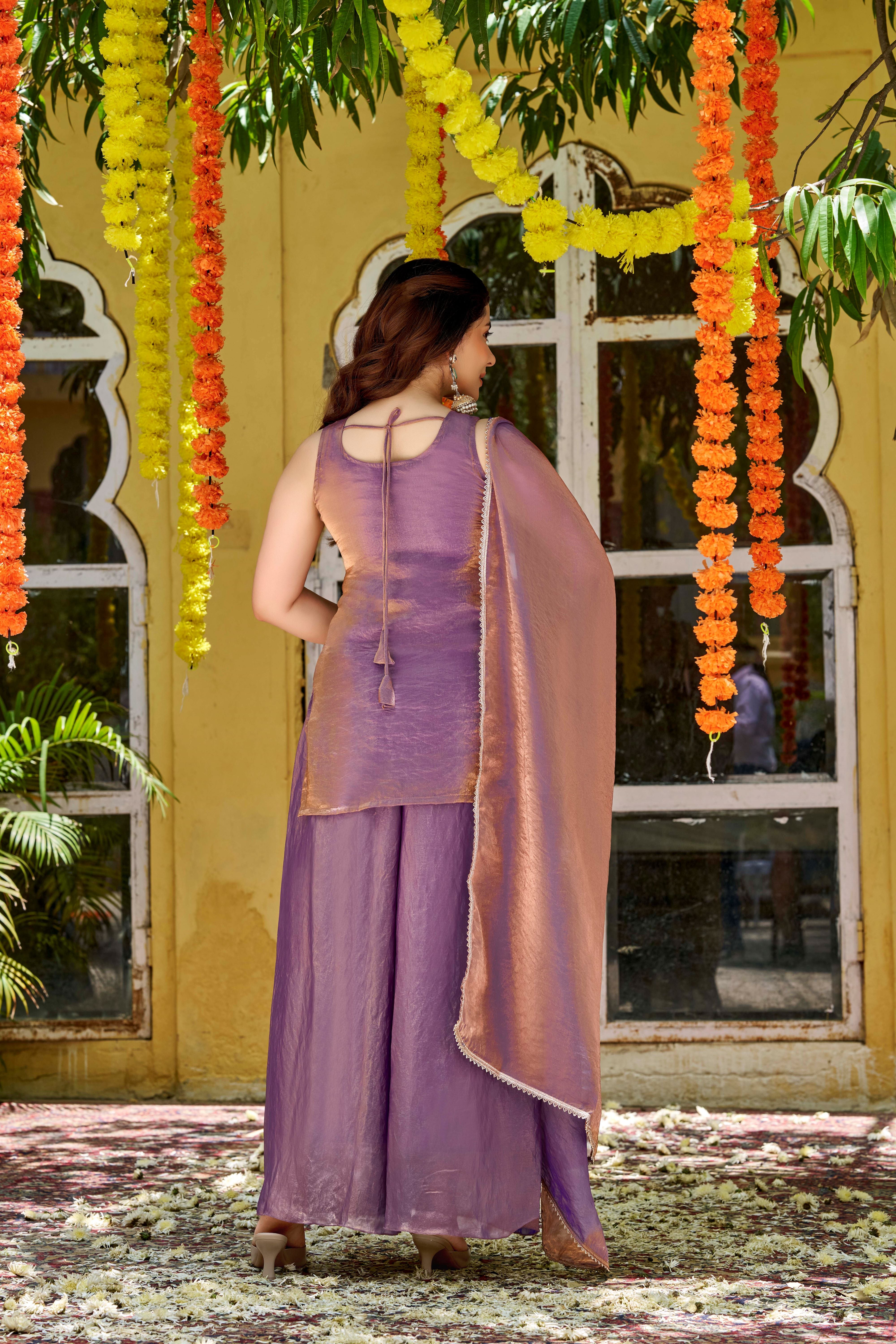 Purple Embroidered Fendy Satin Kurta Palazzo Set with Dupatta