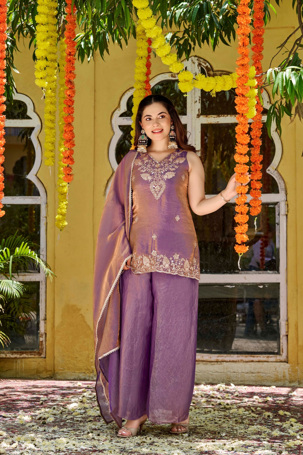 Purple Embroidered Fendy Satin Kurta Palazzo Set with Dupatta