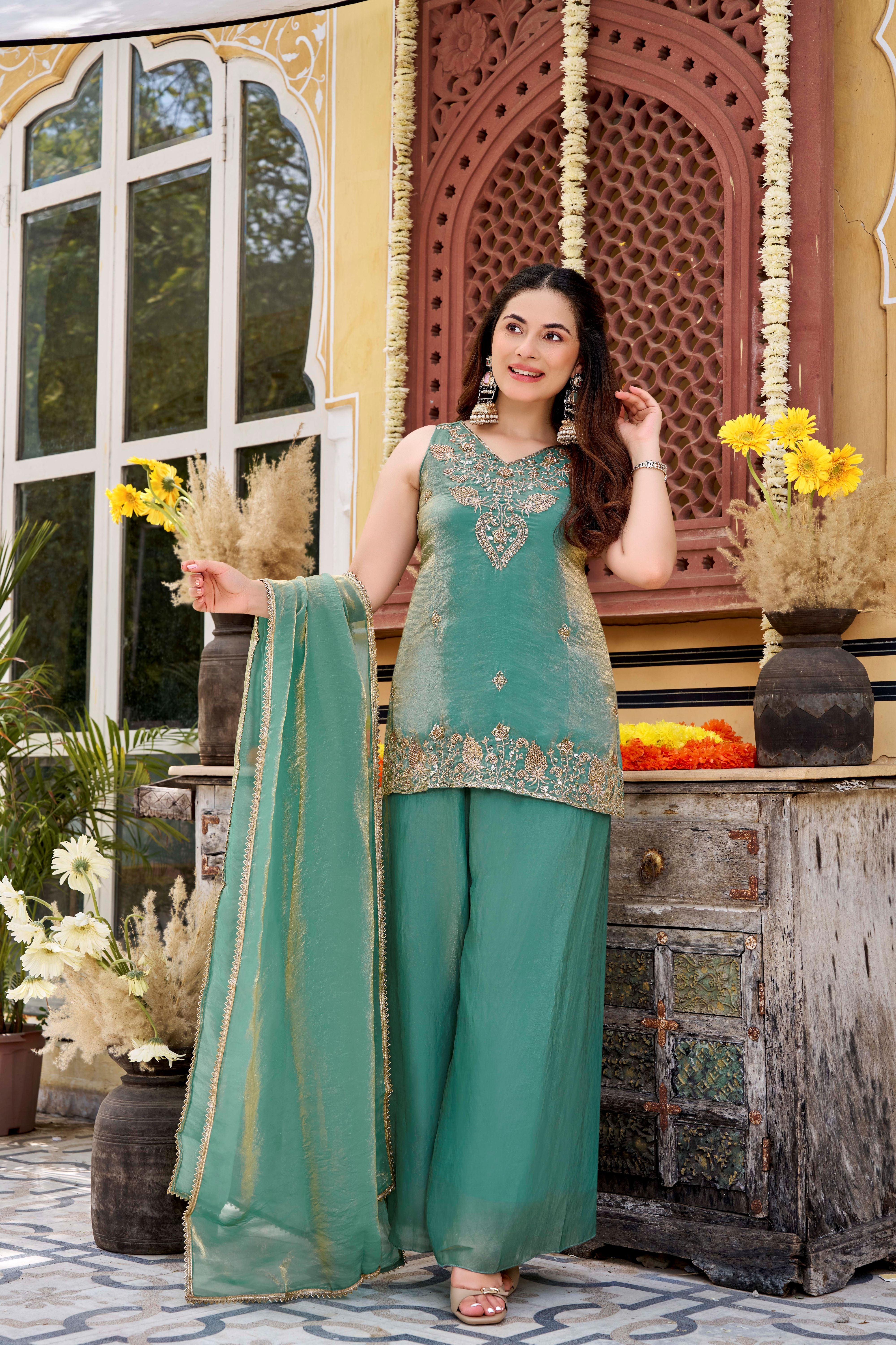 Sea Green Embroidered Fendy Satin Kurta Palazzo Set with Dupatta