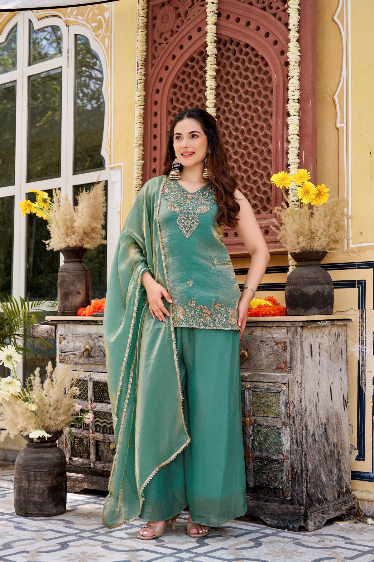 Sea Green Embroidered Fendy Satin Kurta Palazzo Set with Dupatta