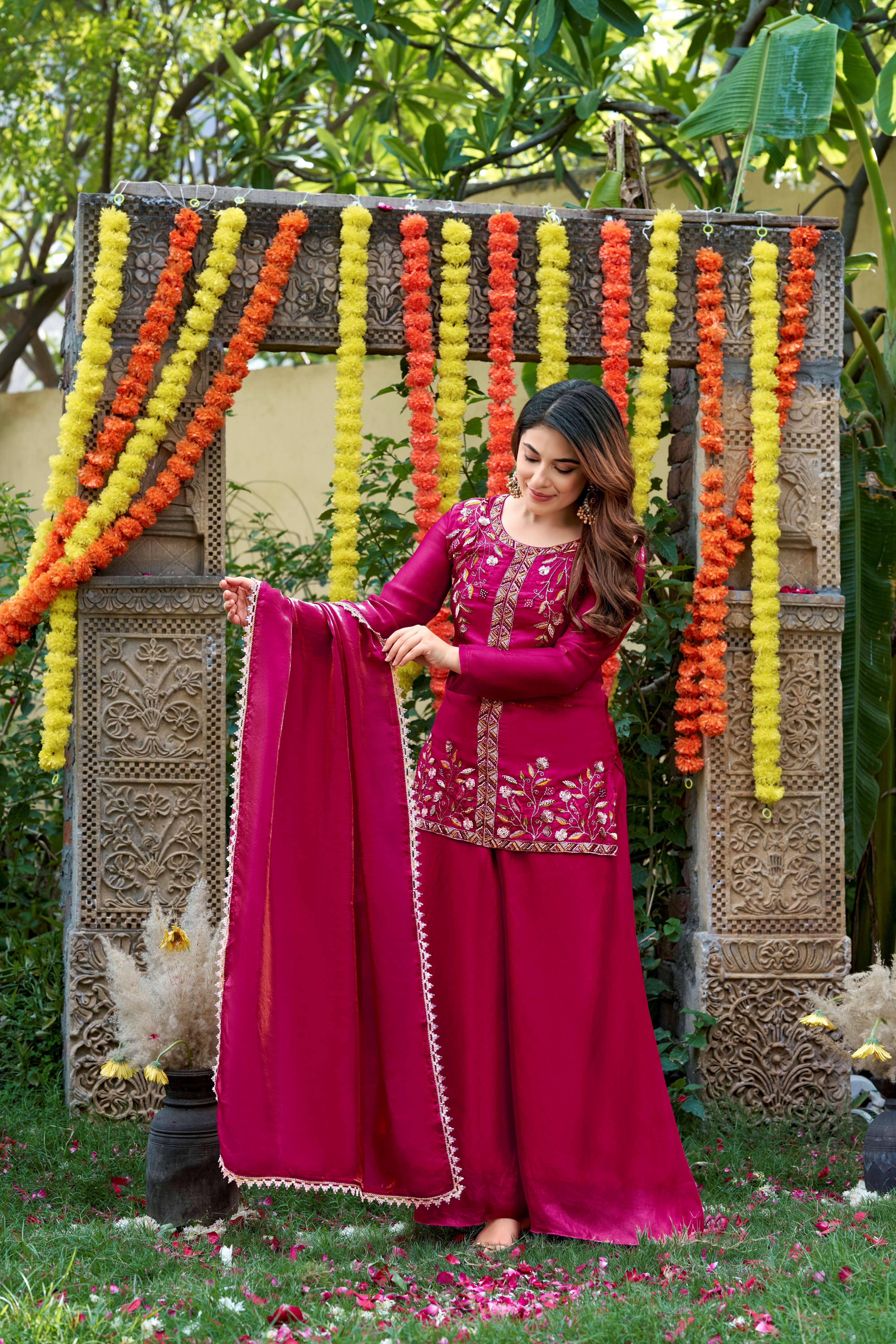 Blush Pink Embroidered Fendy Satin Kurta Palazzo Set with Dupatta