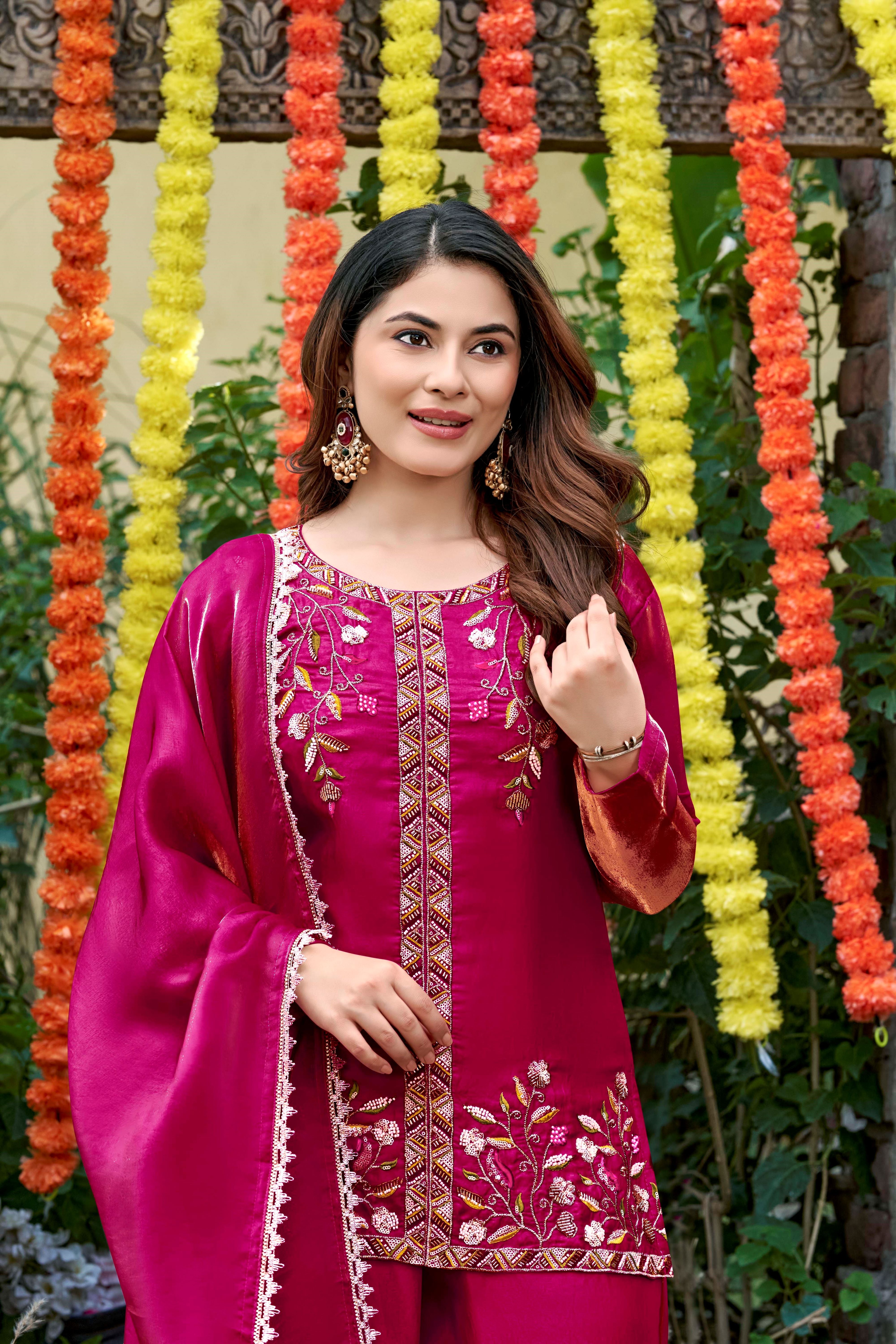 Blush Pink Embroidered Fendy Satin Kurta Palazzo Set with Dupatta