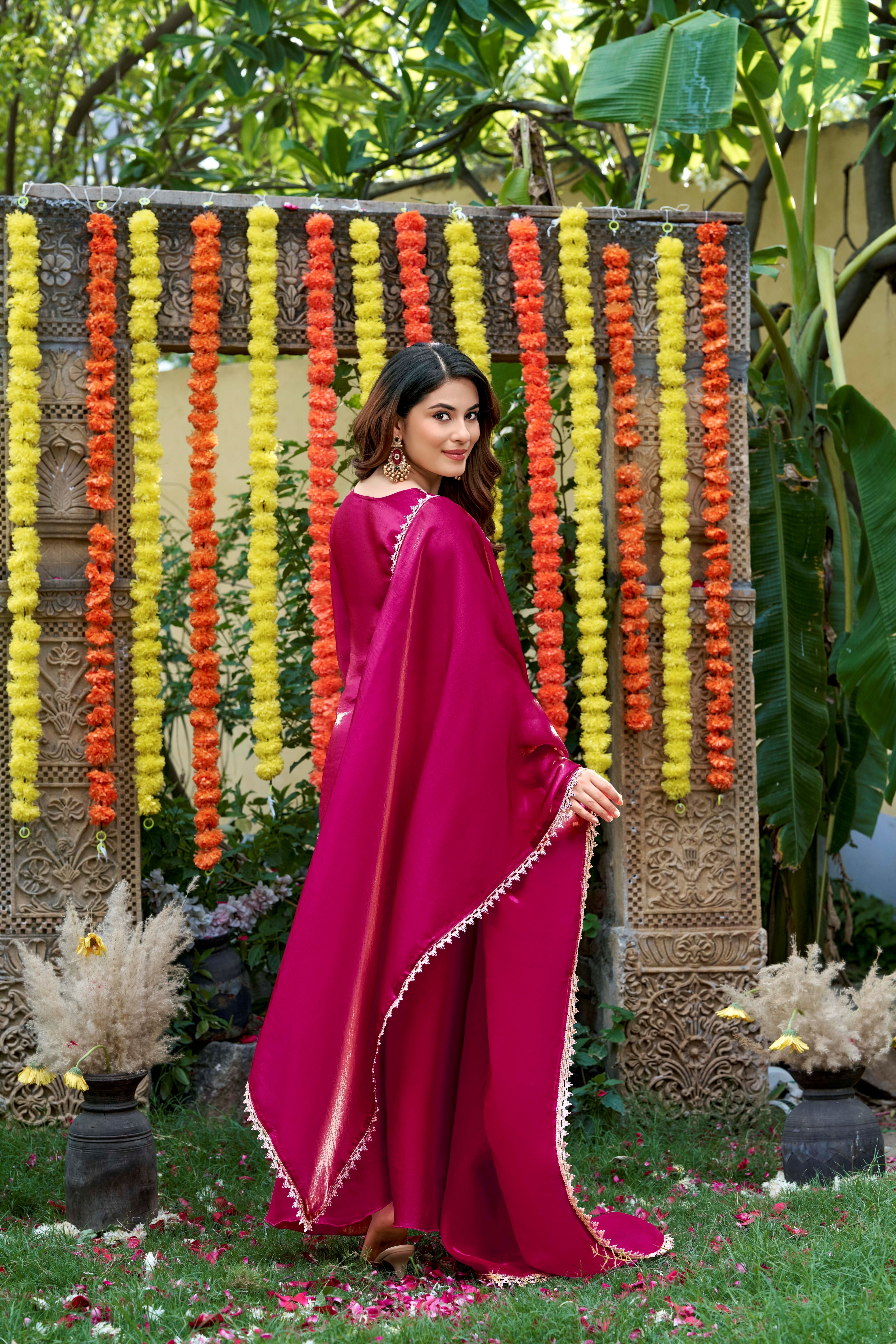 Blush Pink Embroidered Fendy Satin Kurta Palazzo Set with Dupatta