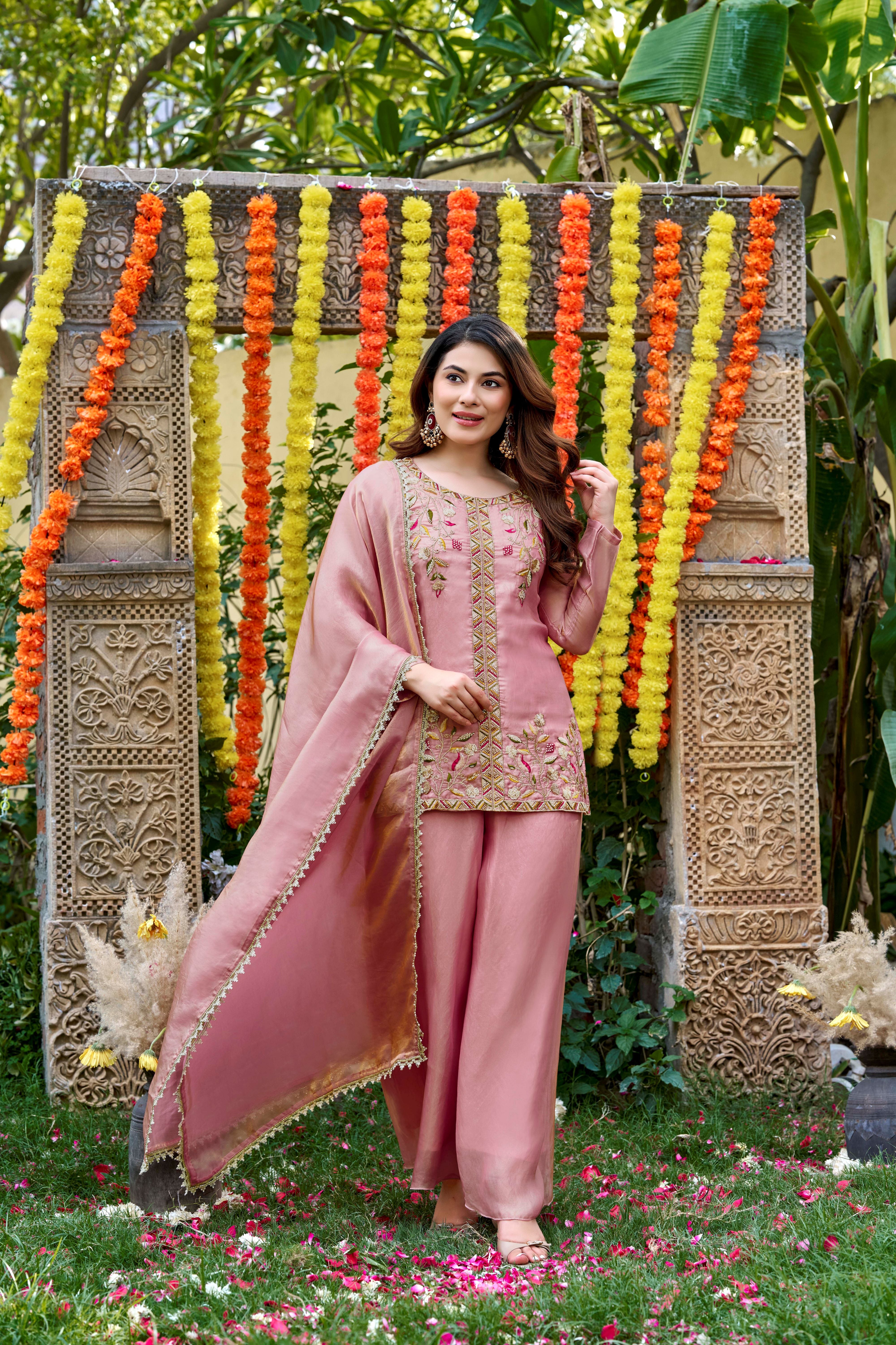 Rose Pink Embroidered Fendy Satin Kurta Palazzo Set with Dupatta