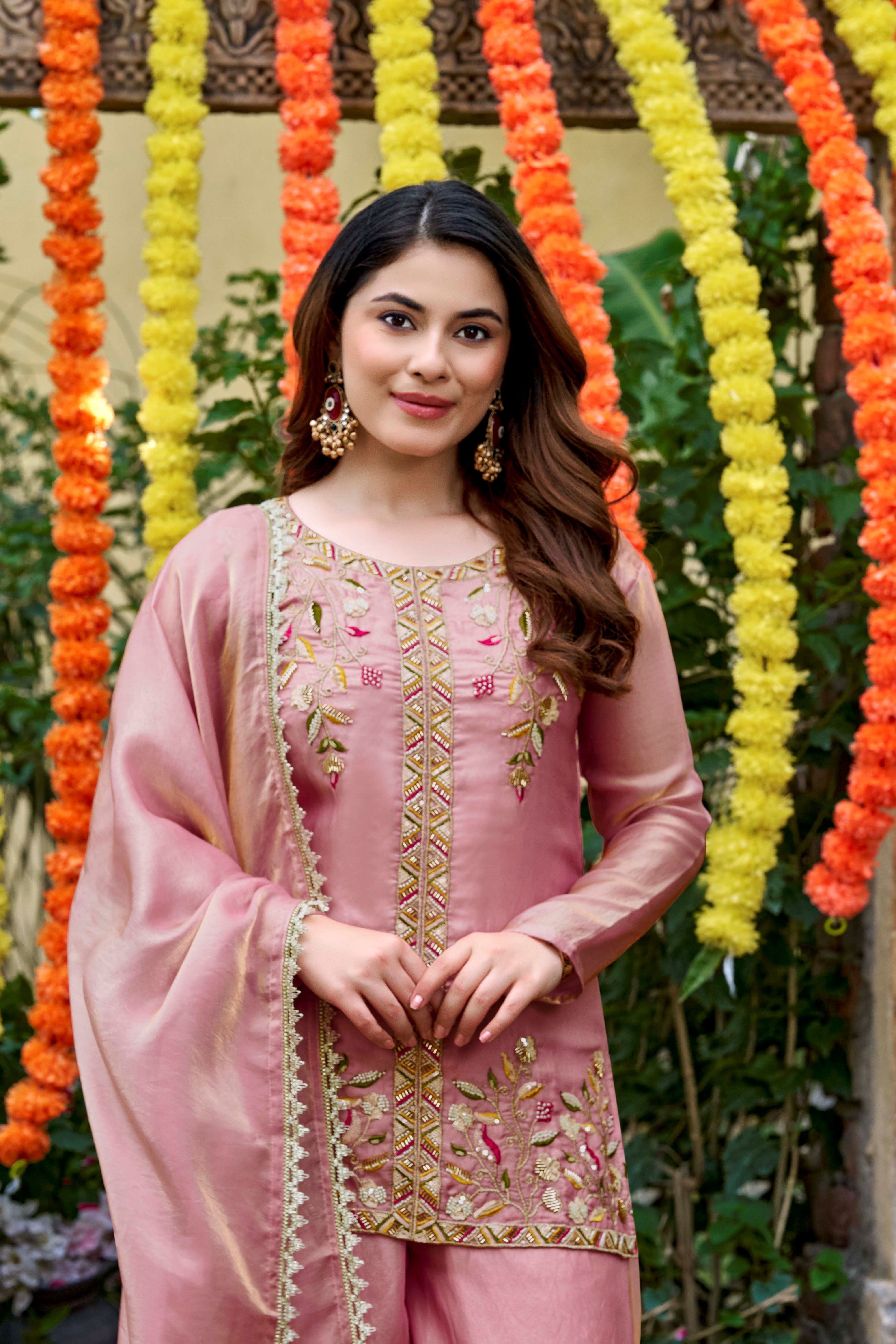 Rose Pink Embroidered Fendy Satin Kurta Palazzo Set with Dupatta