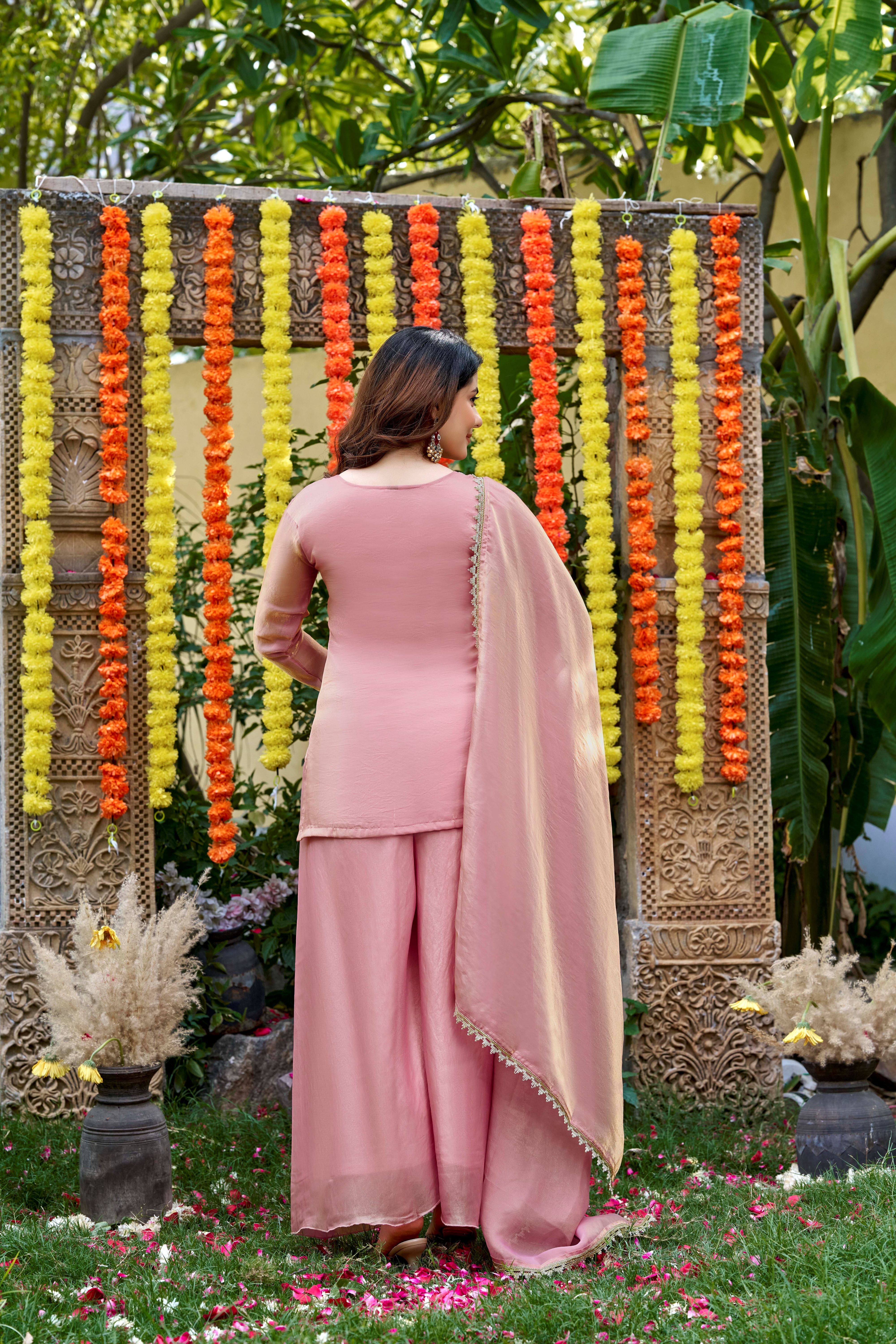 Rose Pink Embroidered Fendy Satin Kurta Palazzo Set with Dupatta