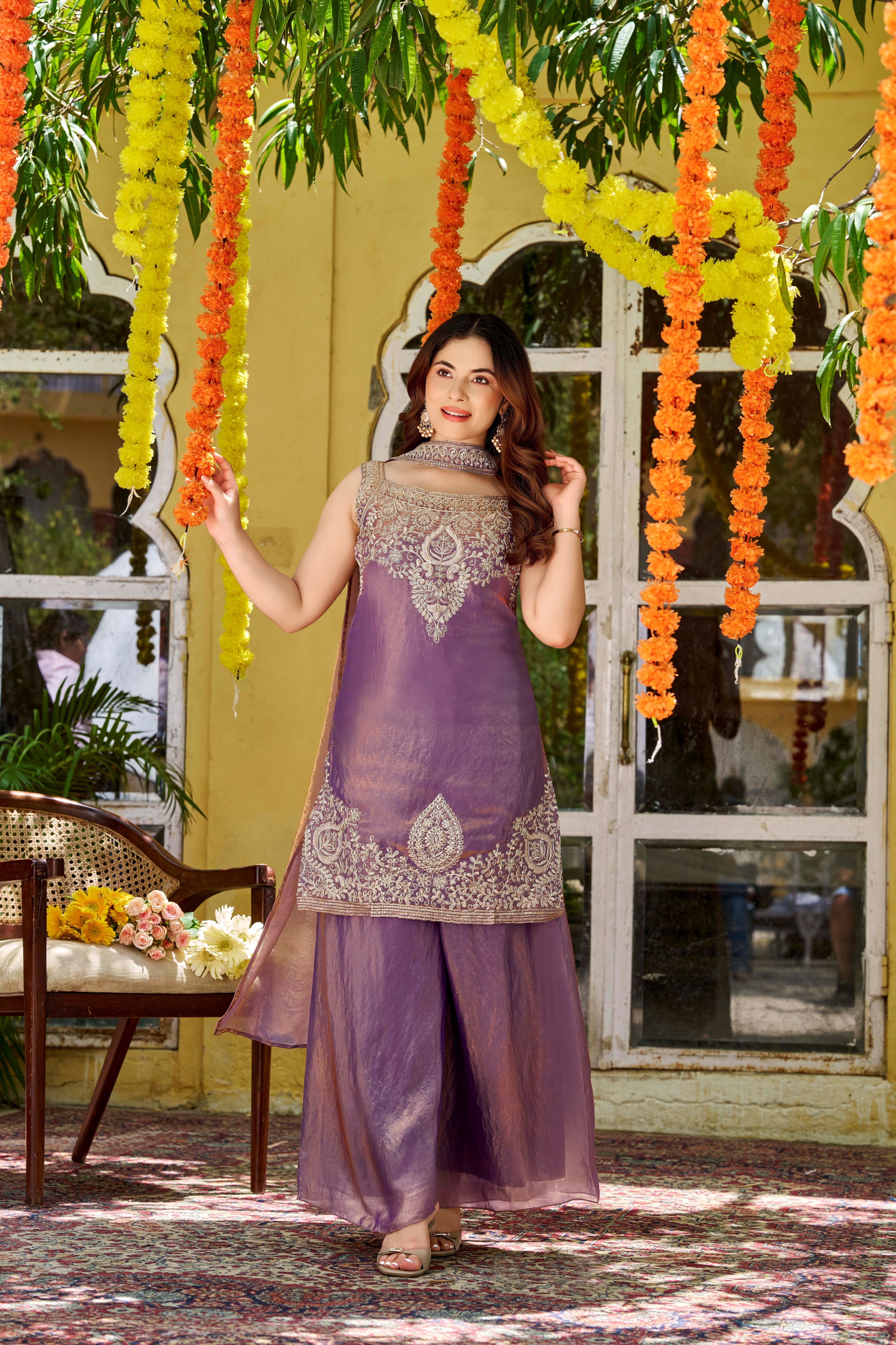 Lavender Embroidered Sleeveless Tissue Silk Palazzo Suit Set with Dupatta