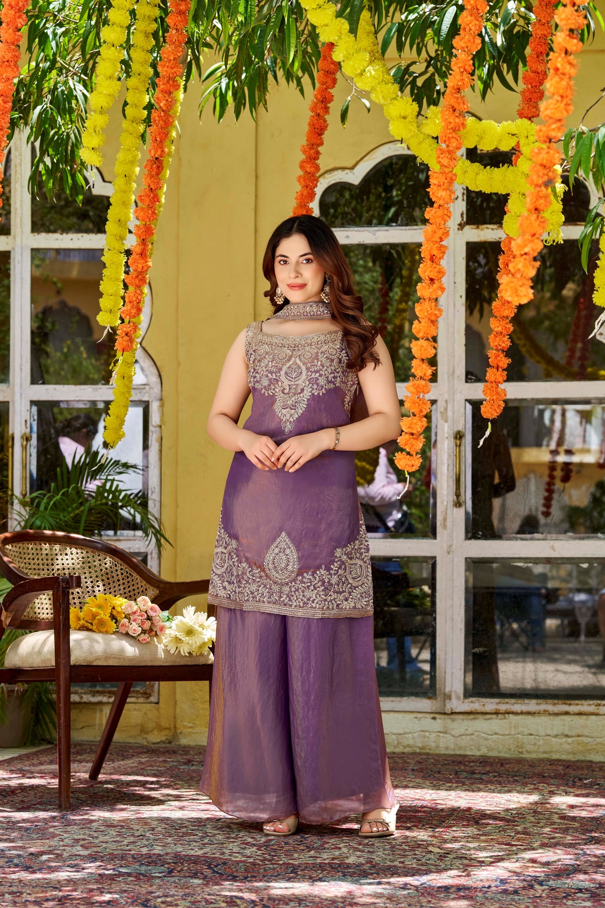 Lavender Embroidered Sleeveless Tissue Silk Palazzo Suit Set with Dupatta