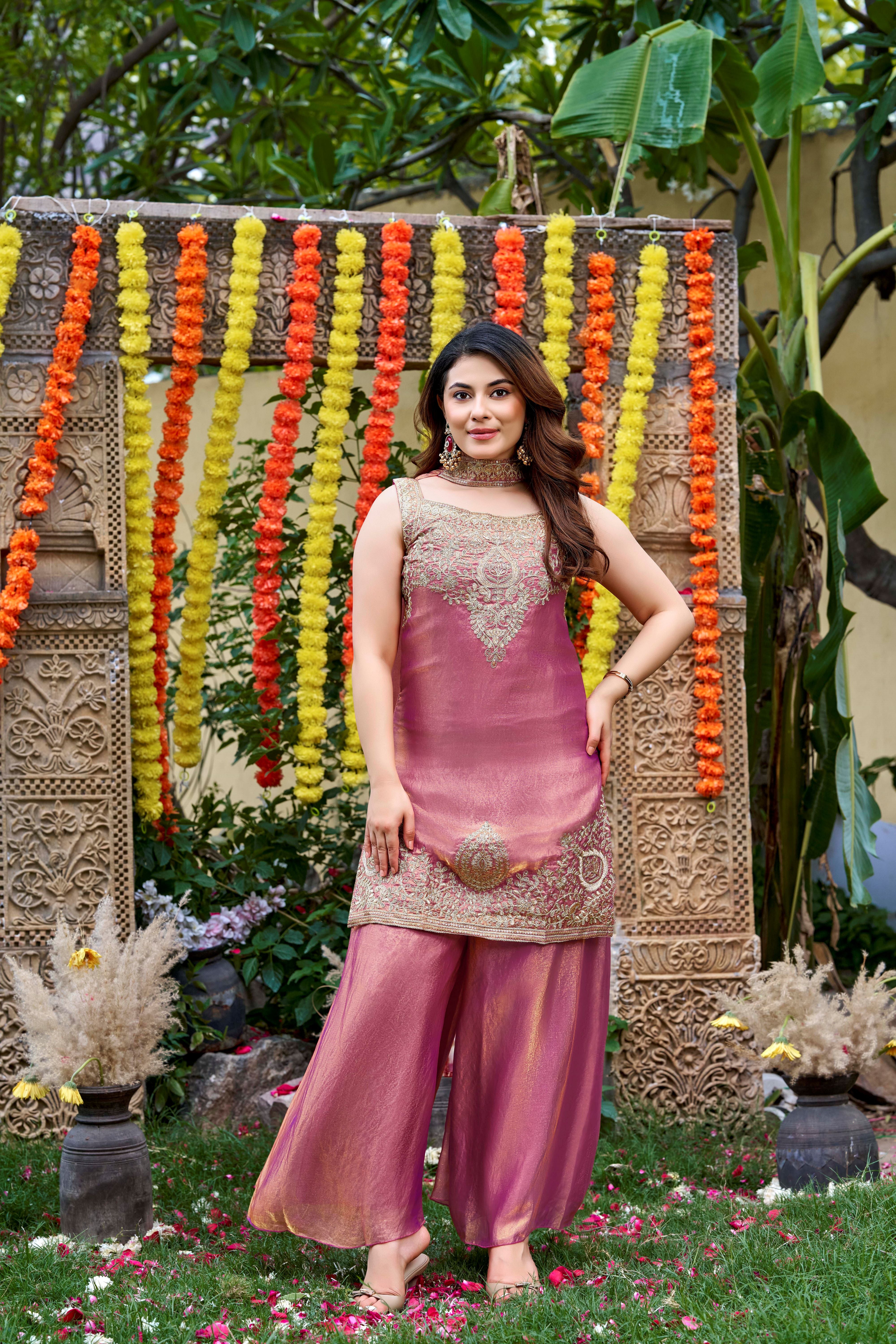 Rose Gold Embroidered Sleeveless Kurta Palazzo Set with Dupatta