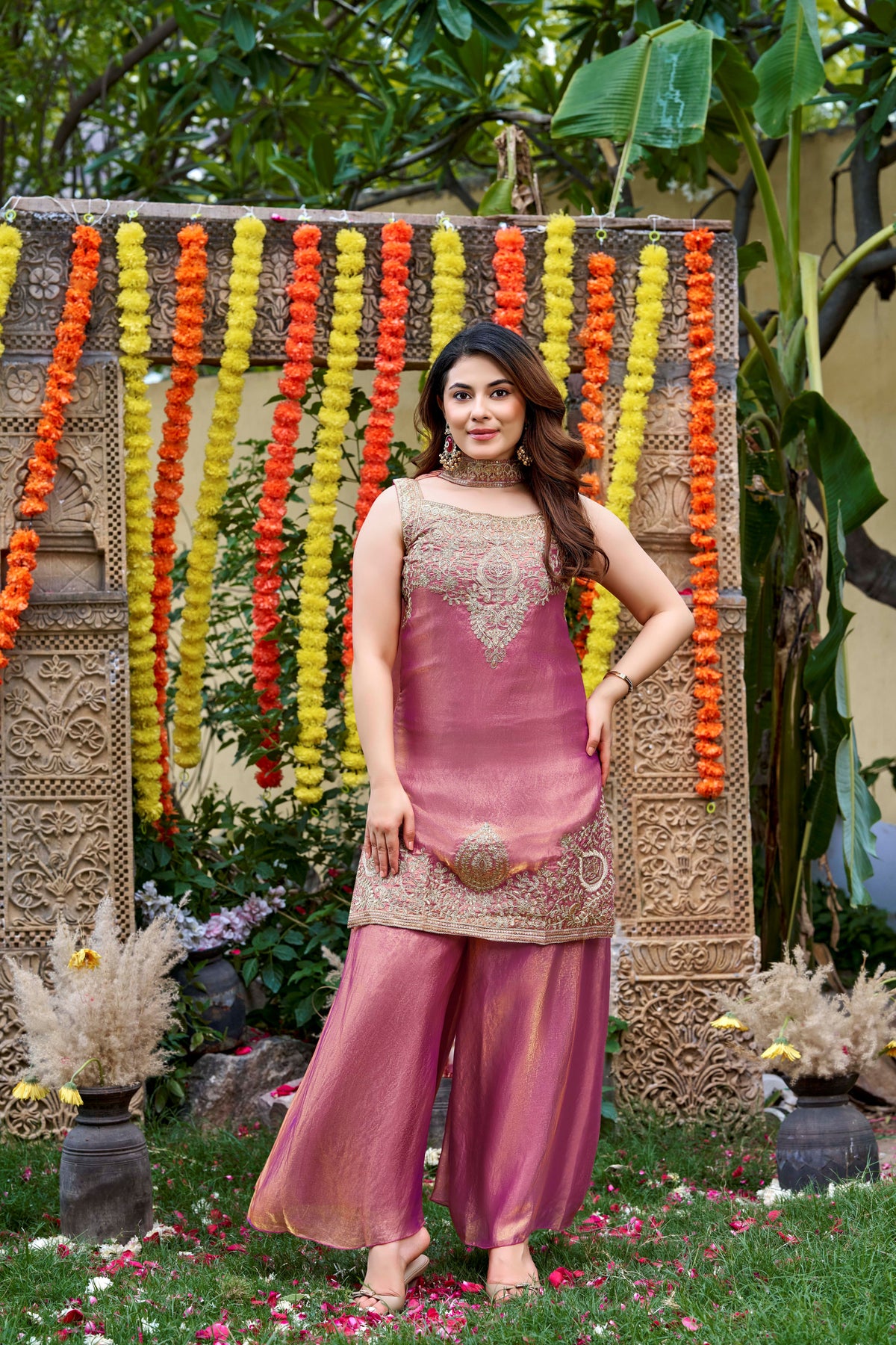 Rose Gold Embroidered Sleeveless Kurta Palazzo Set