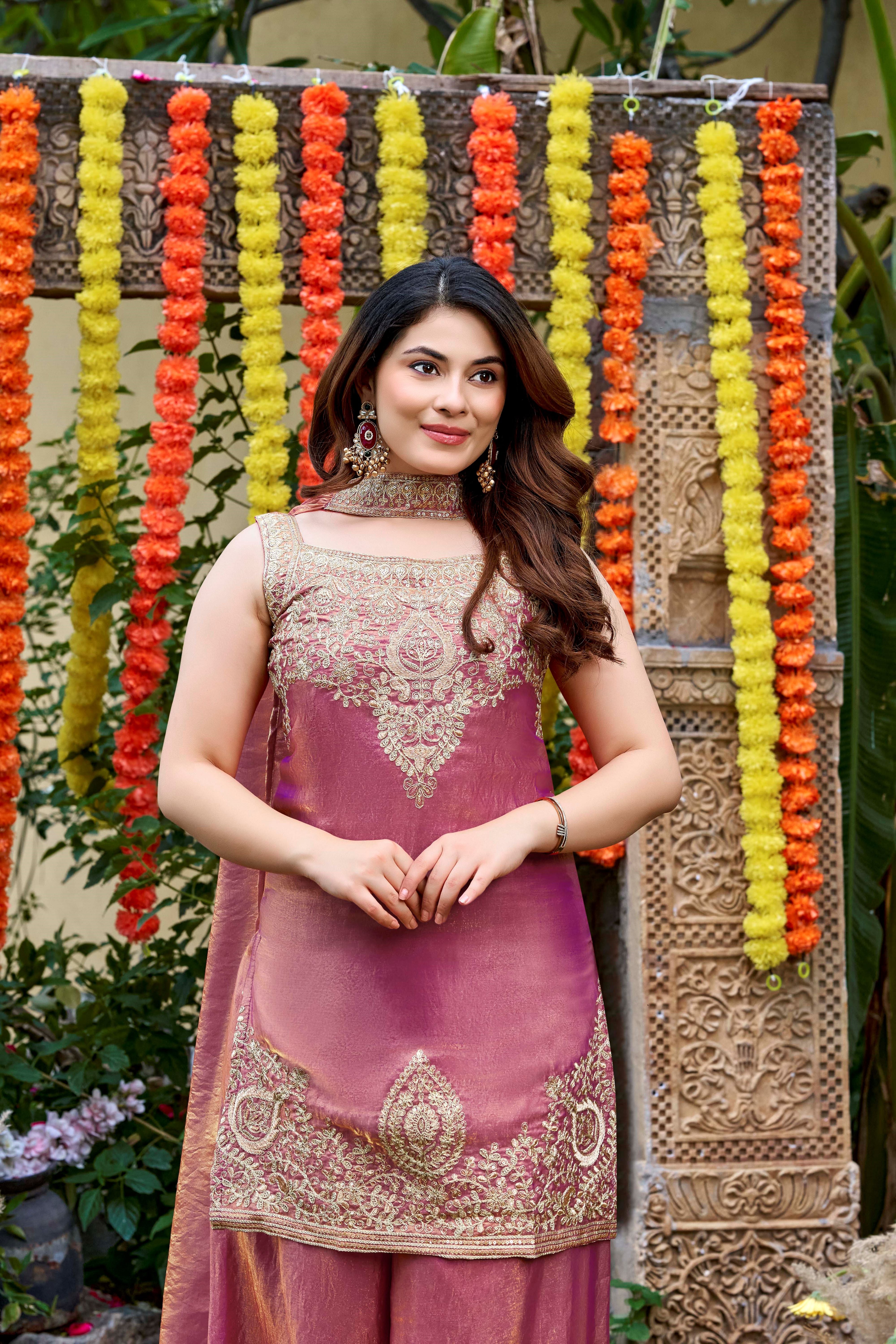 Rose Gold Embroidered Sleeveless Kurta Palazzo Set with Dupatta