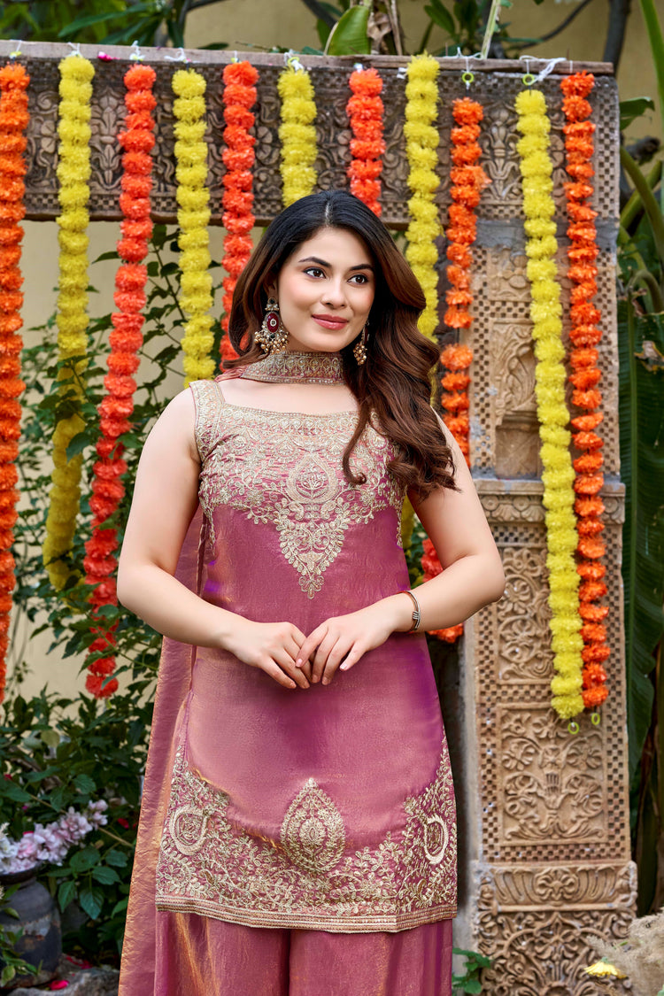 Rose Gold Embroidered Sleeveless Kurta Palazzo Set