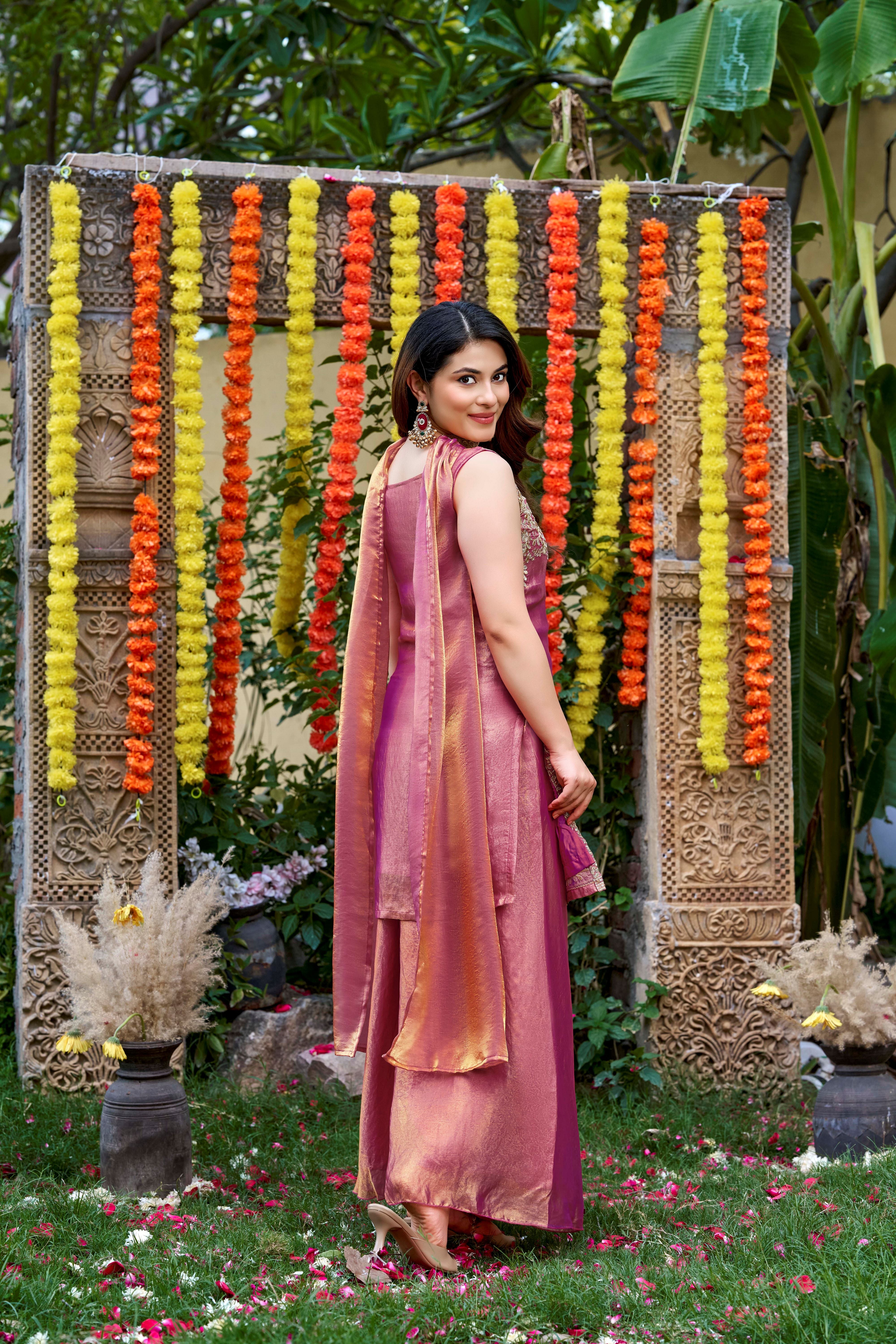 Rose Gold Embroidered Sleeveless Kurta Palazzo Set with Dupatta
