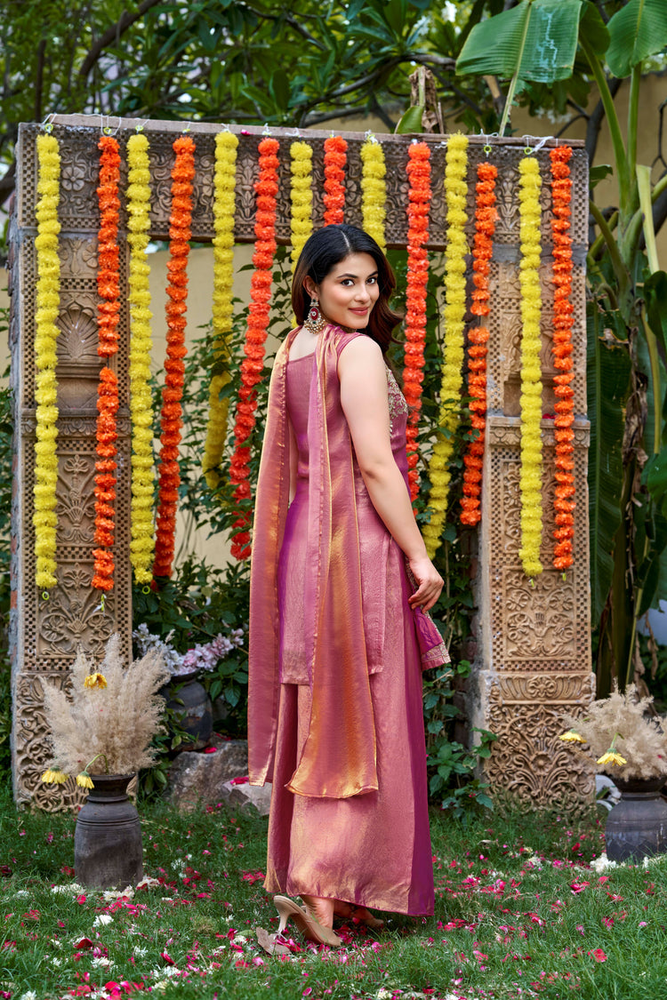Rose Gold Embroidered Sleeveless Kurta Palazzo Set