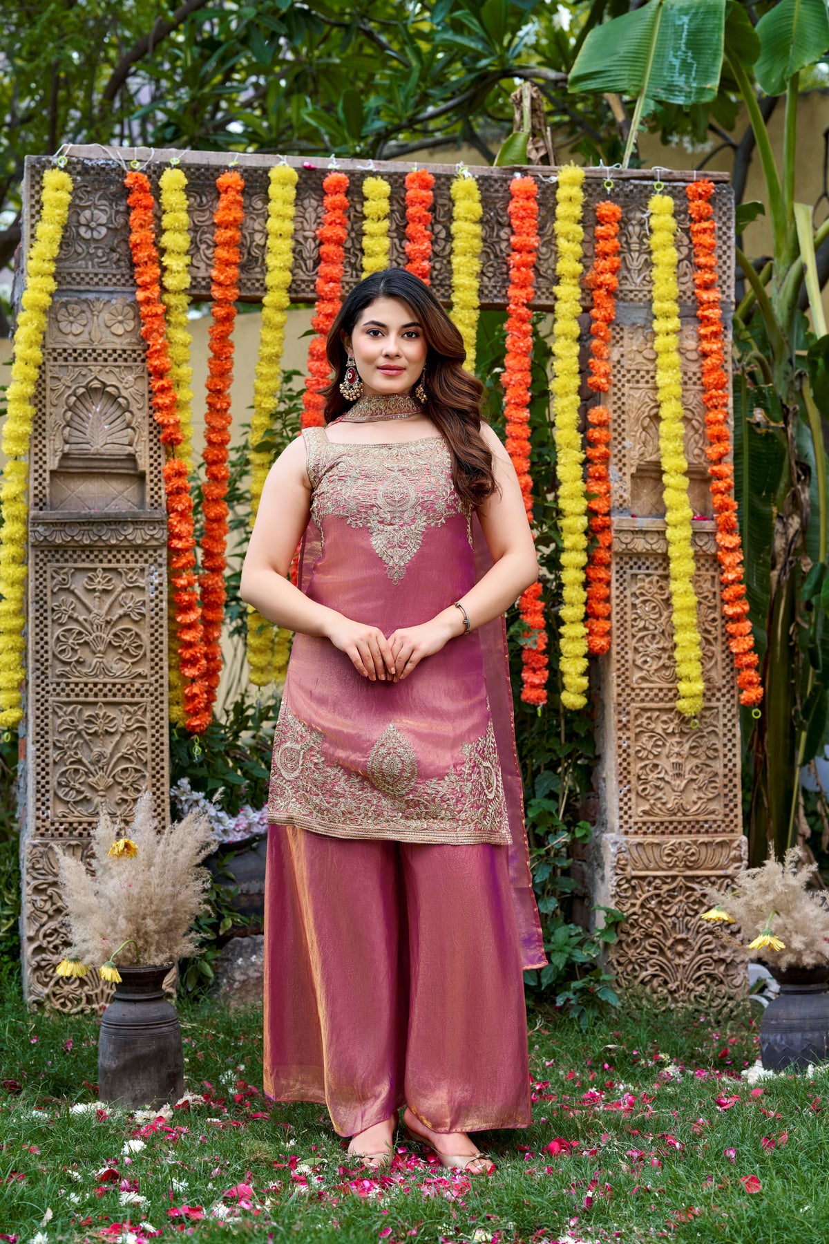 Rose Gold Embroidered Sleeveless Kurta Palazzo Set with Dupatta