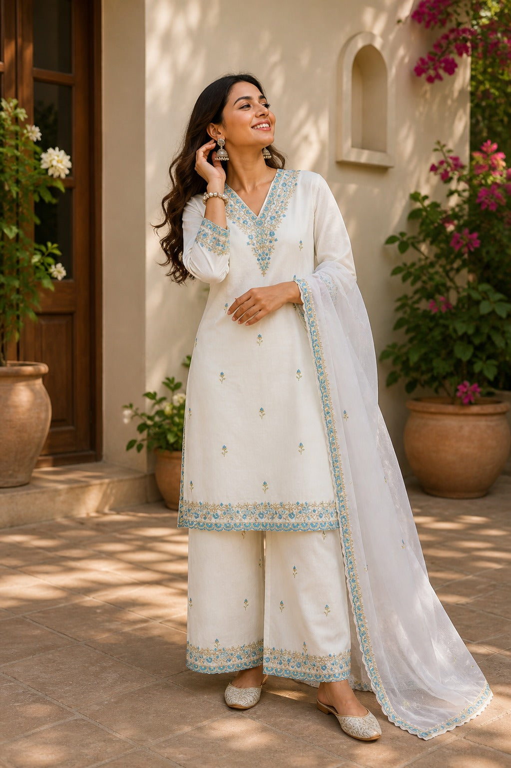 Ivory Embroidered Kurta Palazzo Set with Organza Dupatta
