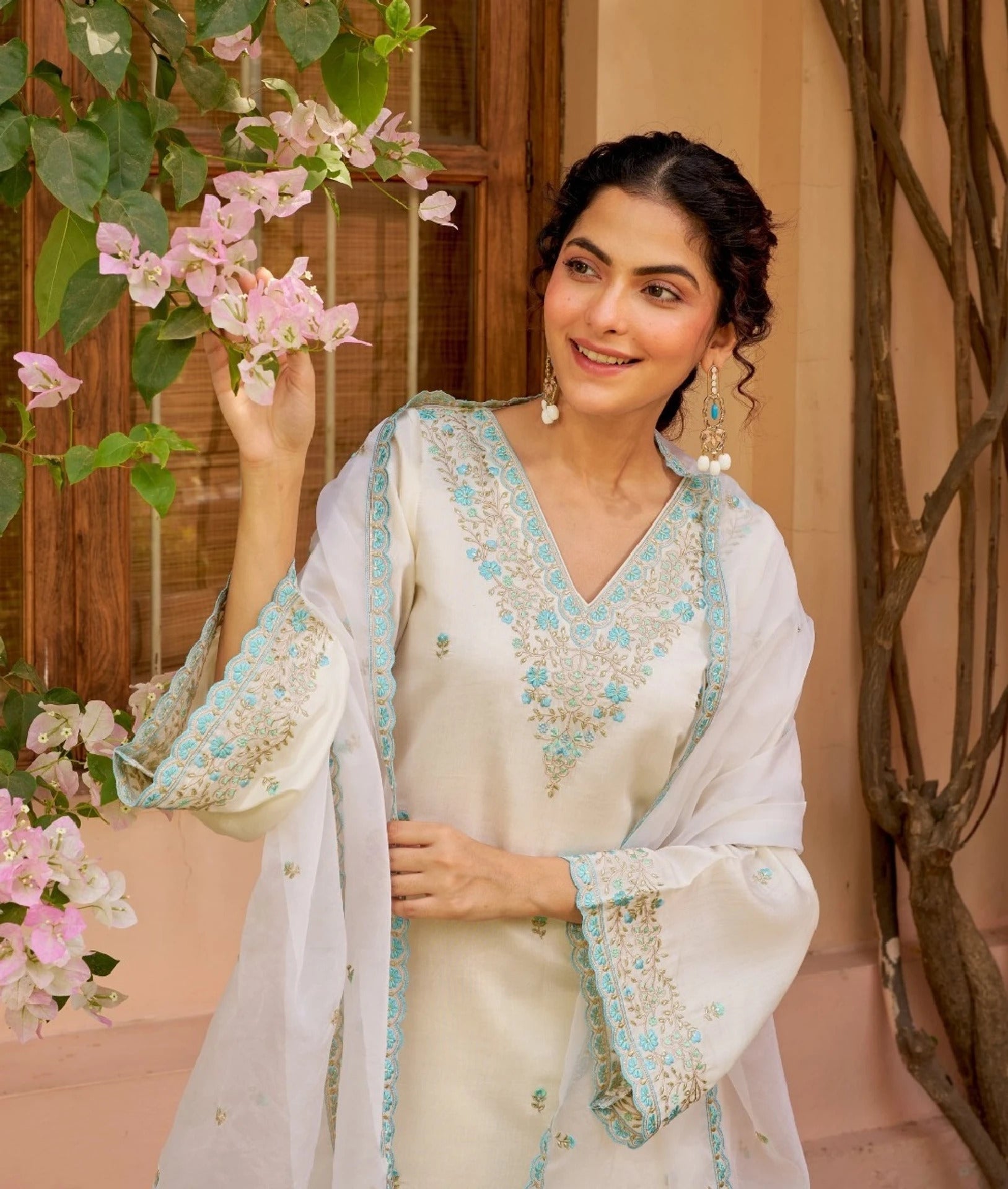 Ivory Embroidered Kurta Palazzo Set with Organza Dupatta
