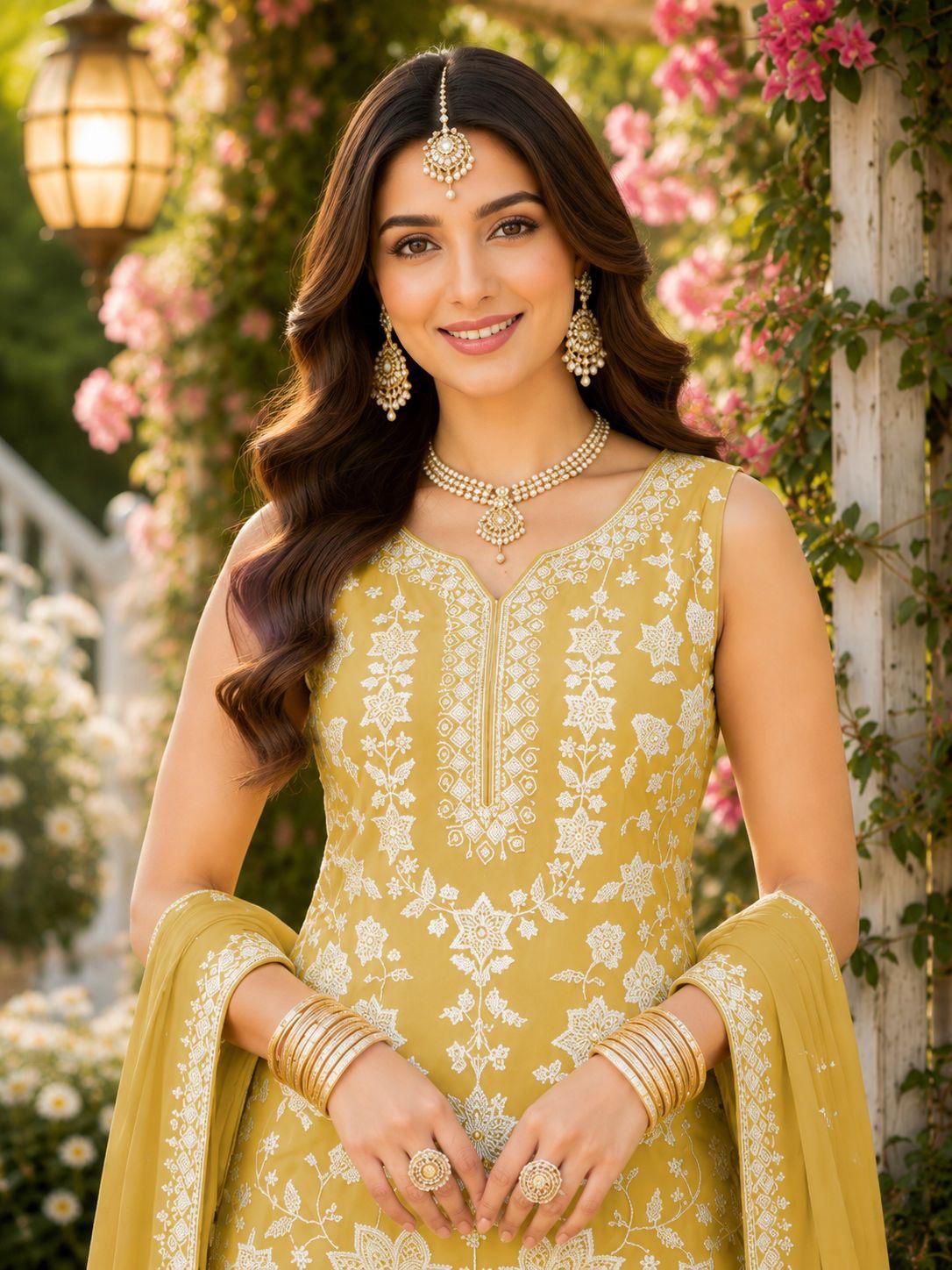 Mustard Chiffon Embroidered Sharara Suit Set with Dupatta | Party Wear | Free Size Stitched