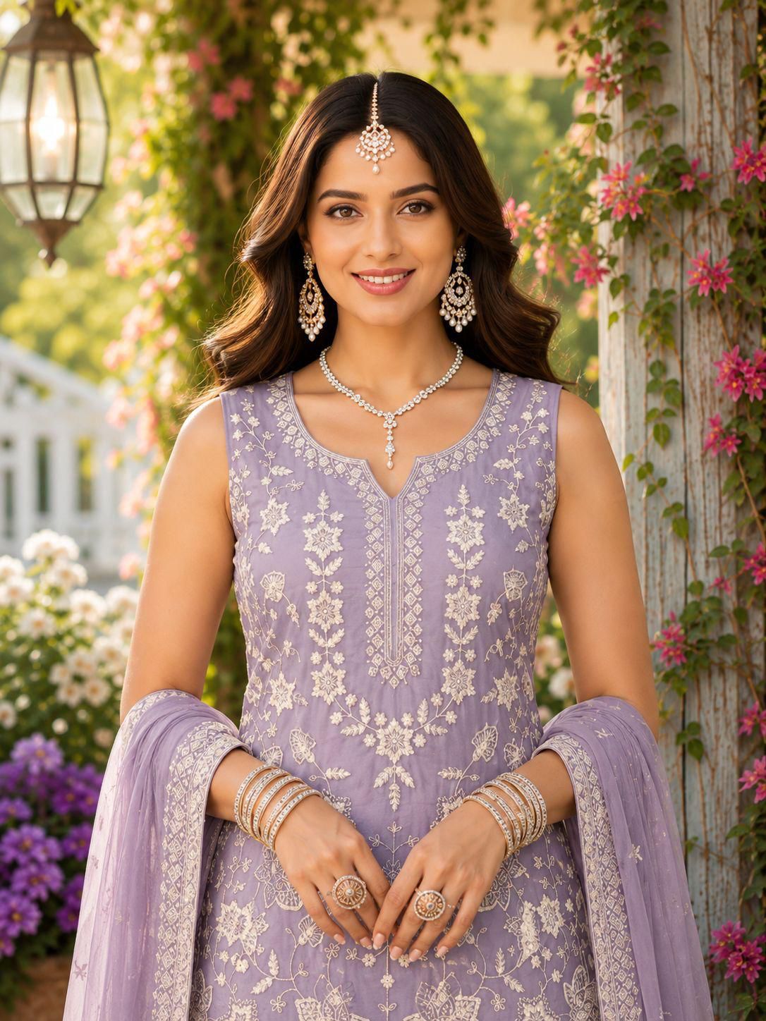 Lavender Chiffon Embroidered Sharara Suit Set with Dupatta | Party Wear | Free Size Stitched