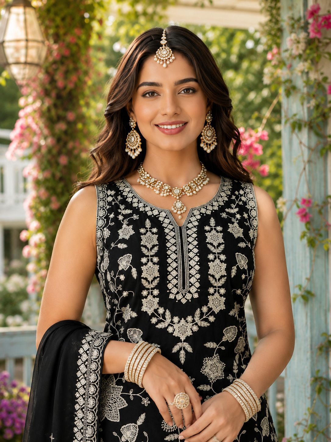 Black Chiffon Embroidered Sharara Suit Set with Dupatta | Party Wear | Free Size Stitched