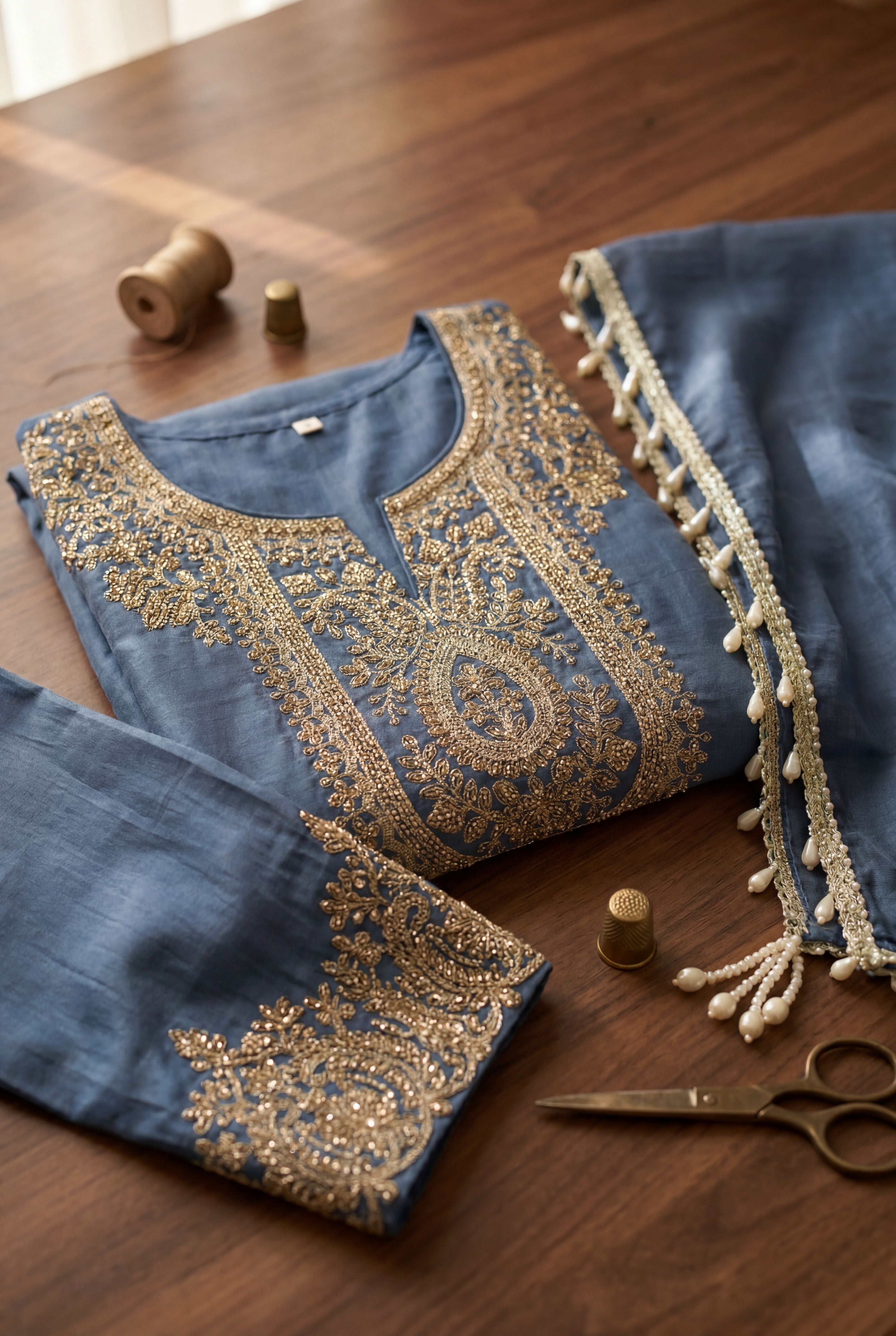 Blue Simmer Tissue Designer Embroidered Straight Suit Set with Dupatta | Party Wear | L-XXL