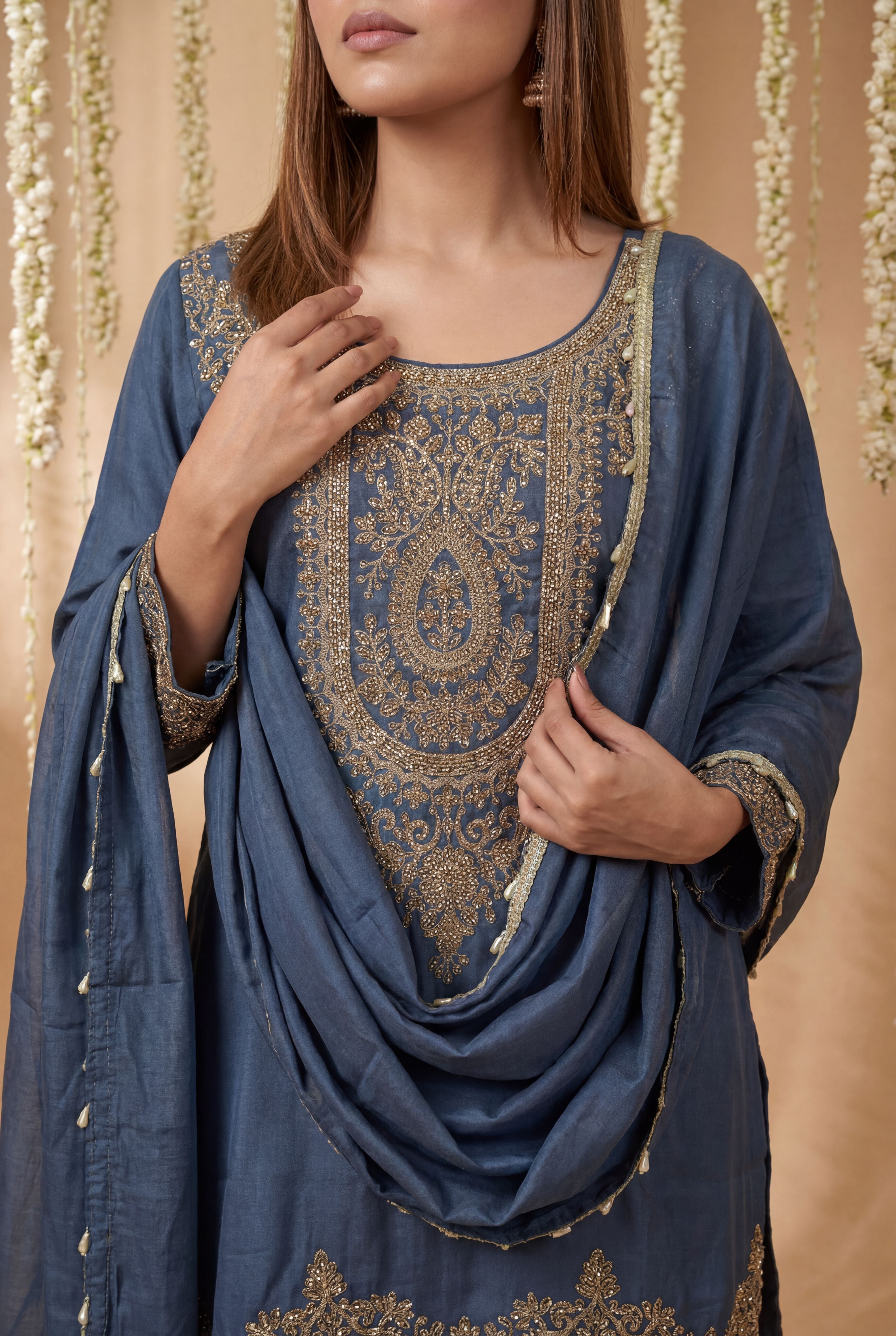 Blue Simmer Tissue Designer Embroidered Straight Suit Set with Dupatta | Party Wear | L-XXL