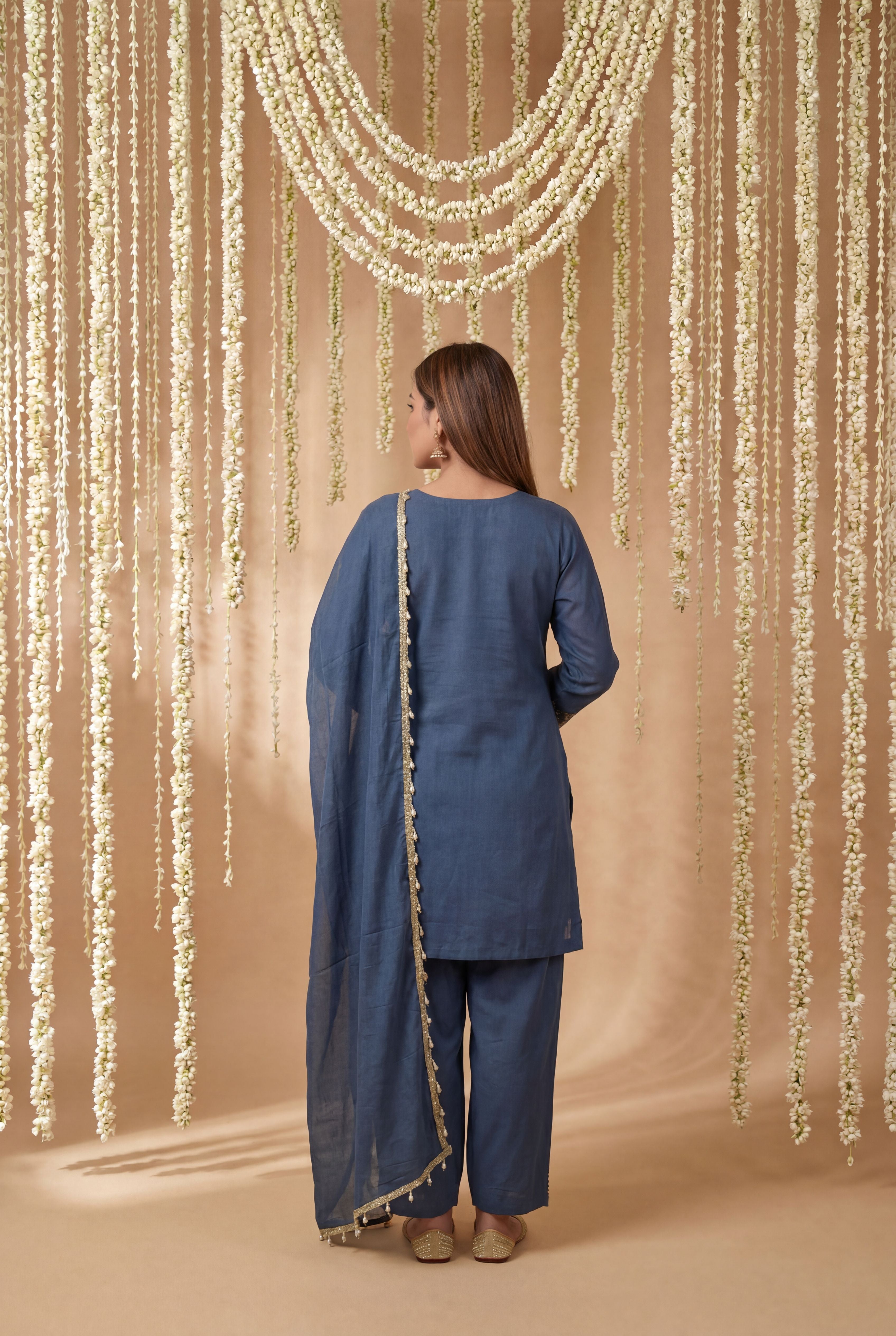 Blue Simmer Tissue Designer Embroidered Straight Suit Set with Dupatta | Party Wear | L-XXL