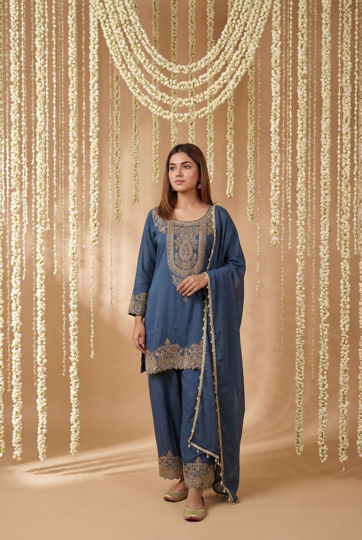 Blue Simmer Tissue Designer Embroidered Straight Suit Set with Dupatta | Party Wear | L-XXL