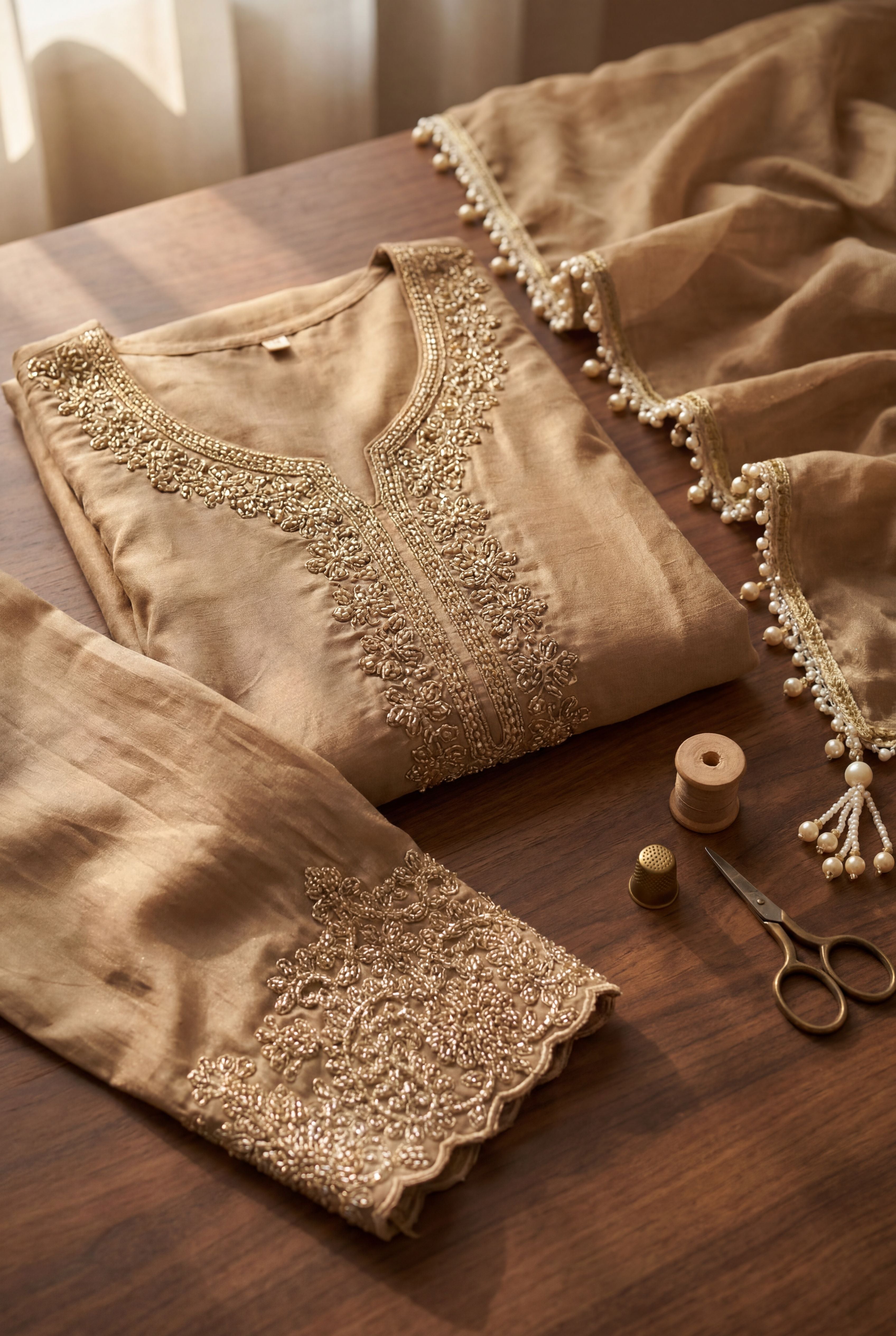 Beige Simmer Tissue Designer Embroidered Straight Suit Set with Dupatta | Party Wear | L-XXL