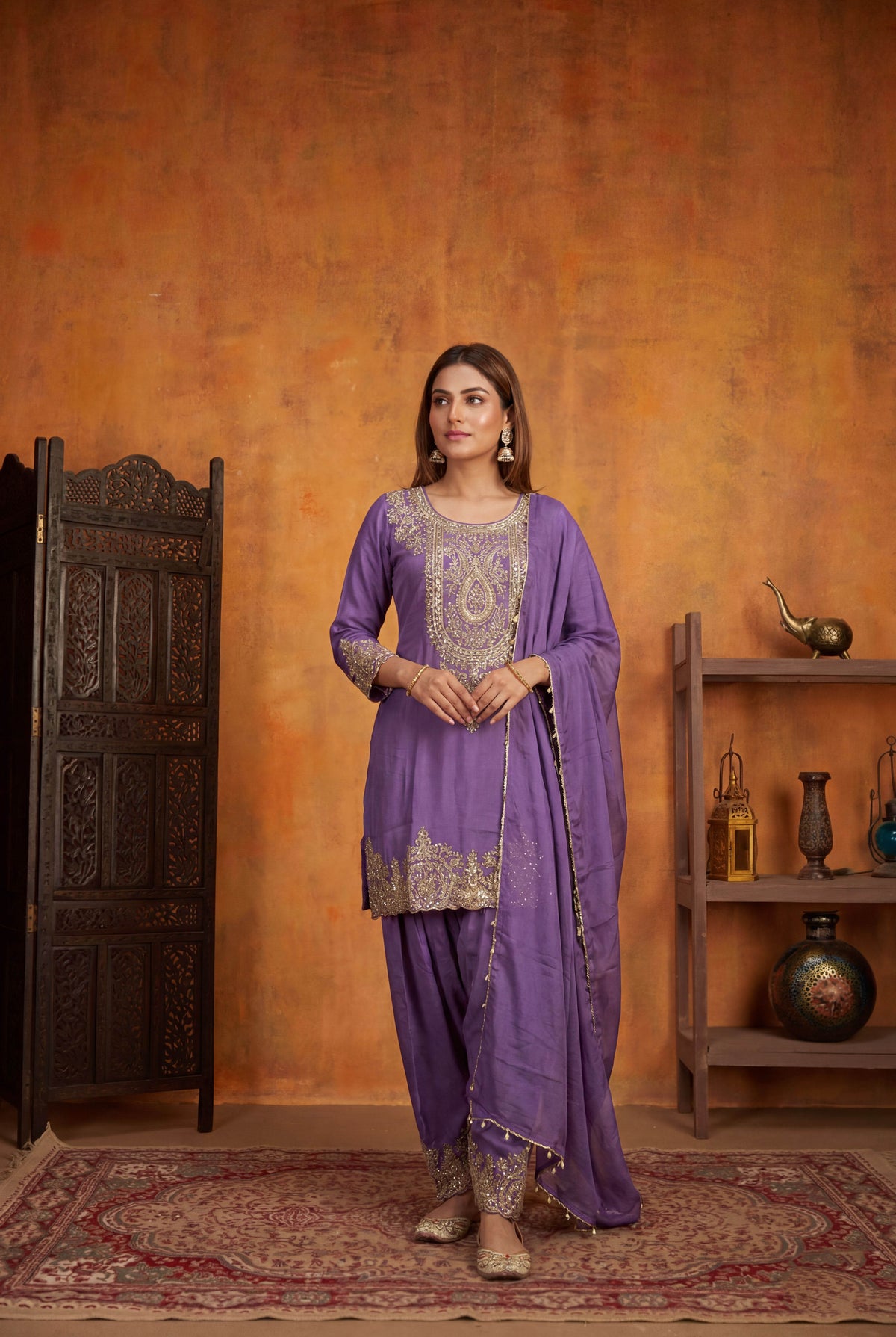 Purple Simmer Tissue Designer Embroidered Straight Suit Set with Dupatta | Party Wear | L-XXL