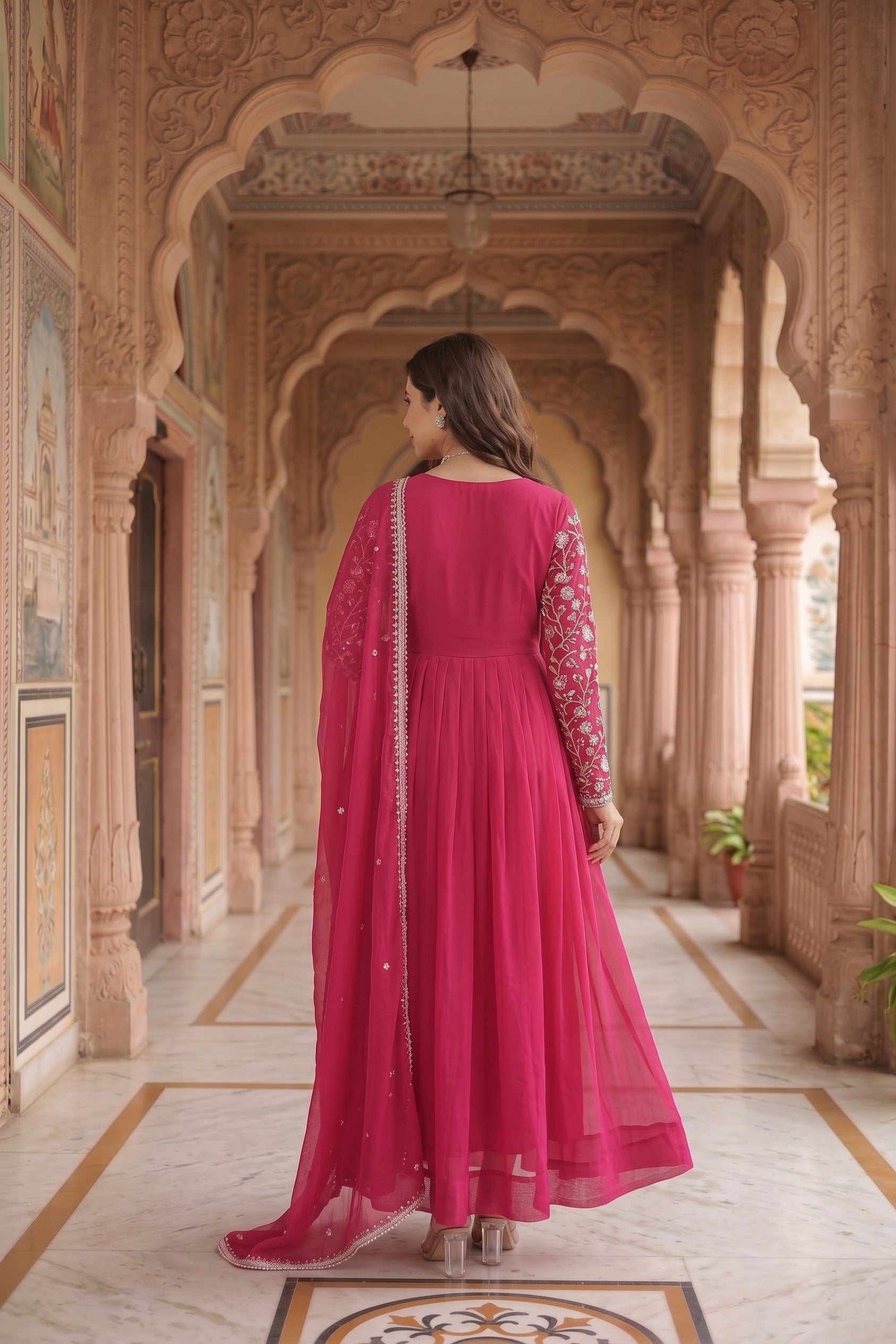 Women's Rani Pink Embroidered Anarkali Gown Set with Dupatta | Festive & Wedding Wear