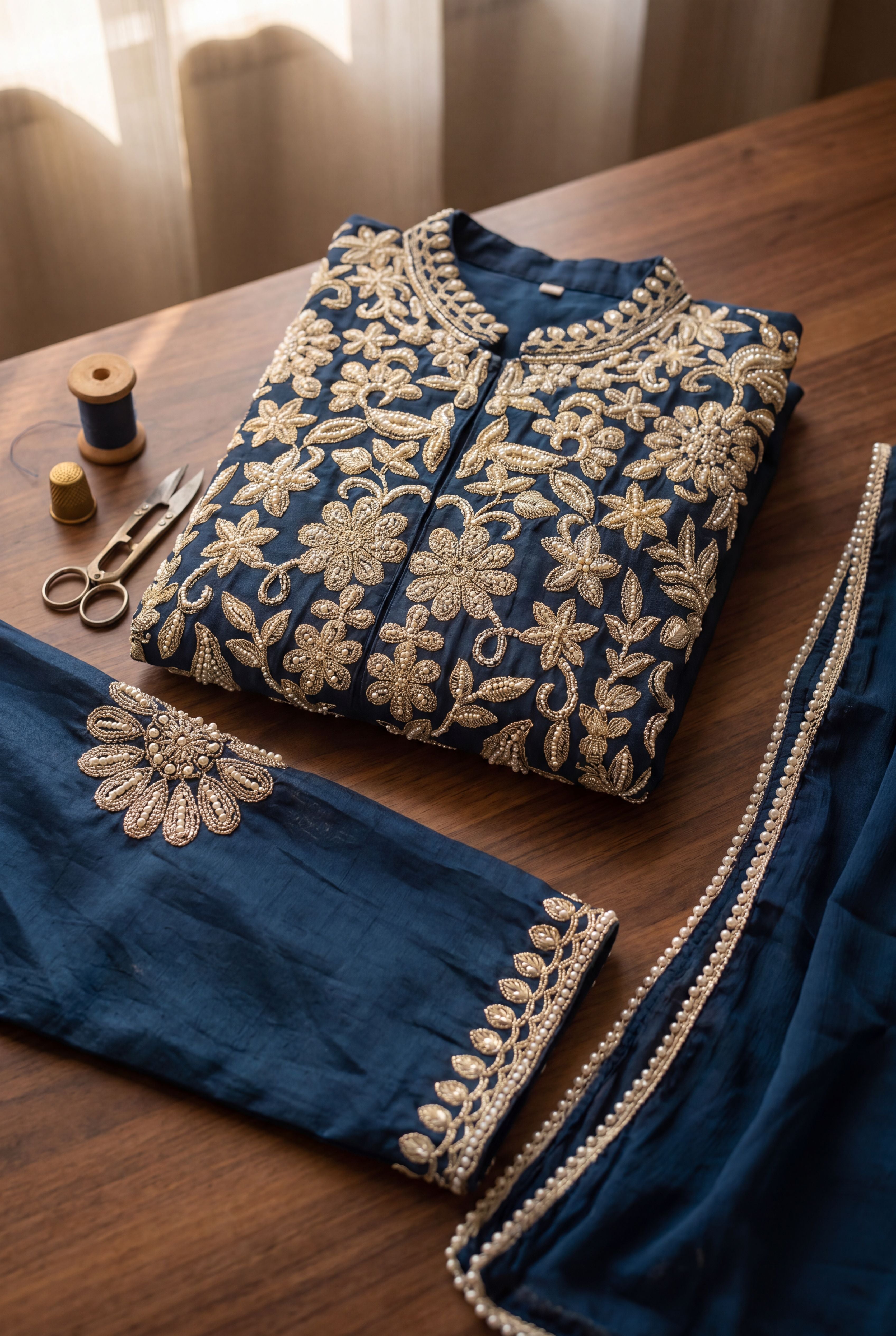 Women's Royal Blue Designer Embroidered Chinon Palazzo Suit Set with Dupatta