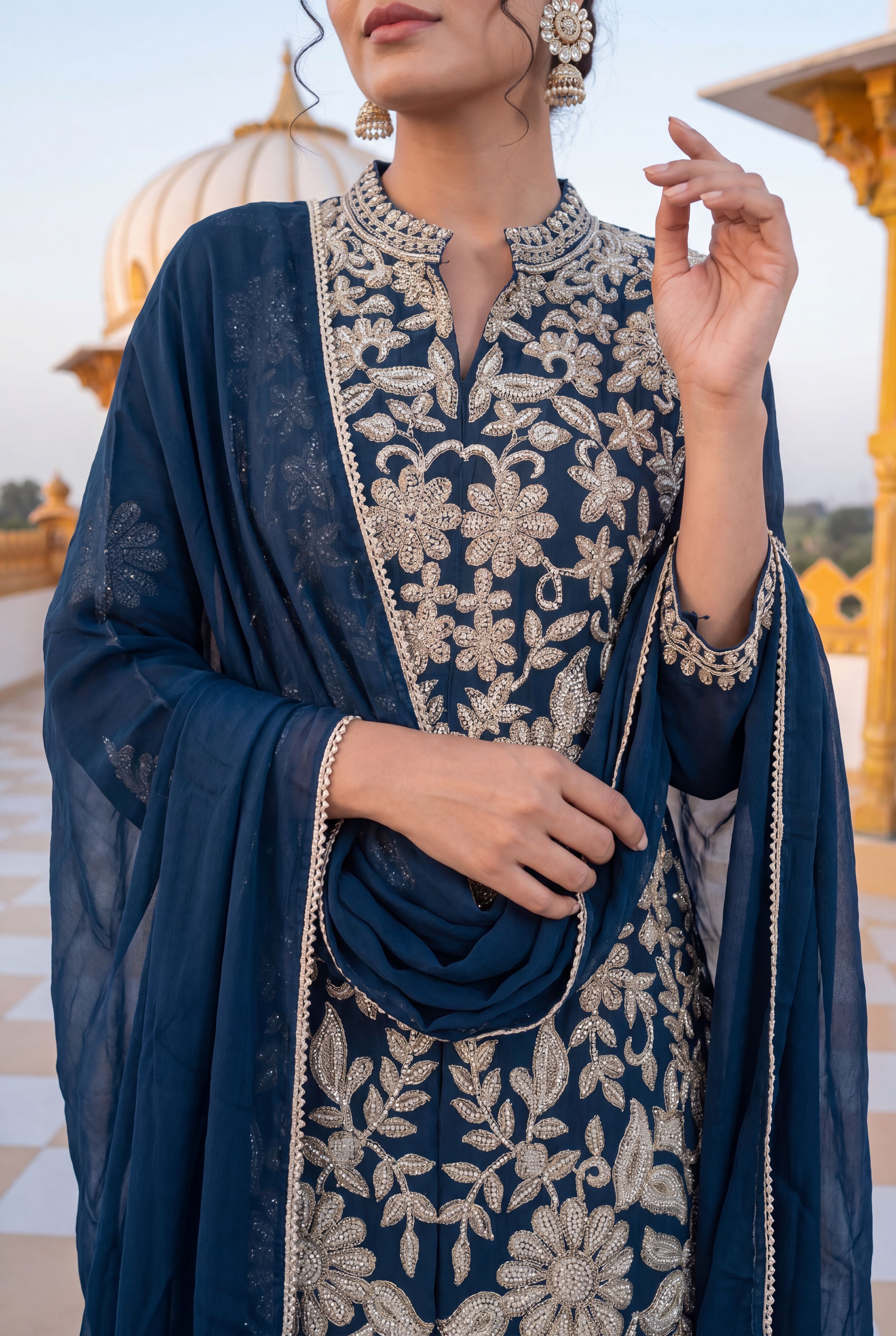 Women's Royal Blue Designer Embroidered Chinon Palazzo Suit Set with Dupatta