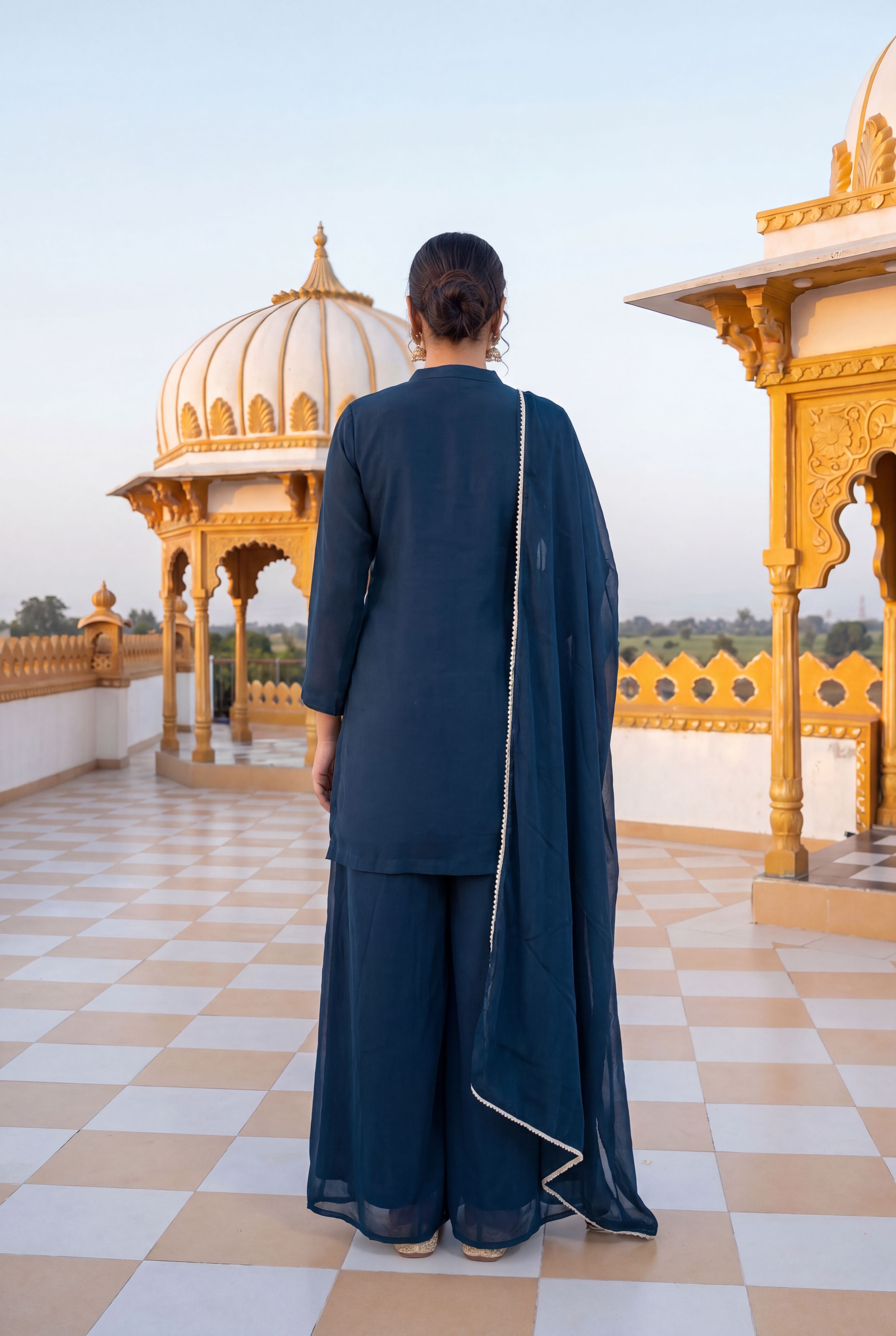 Women's Royal Blue Designer Embroidered Chinon Palazzo Suit Set with Dupatta