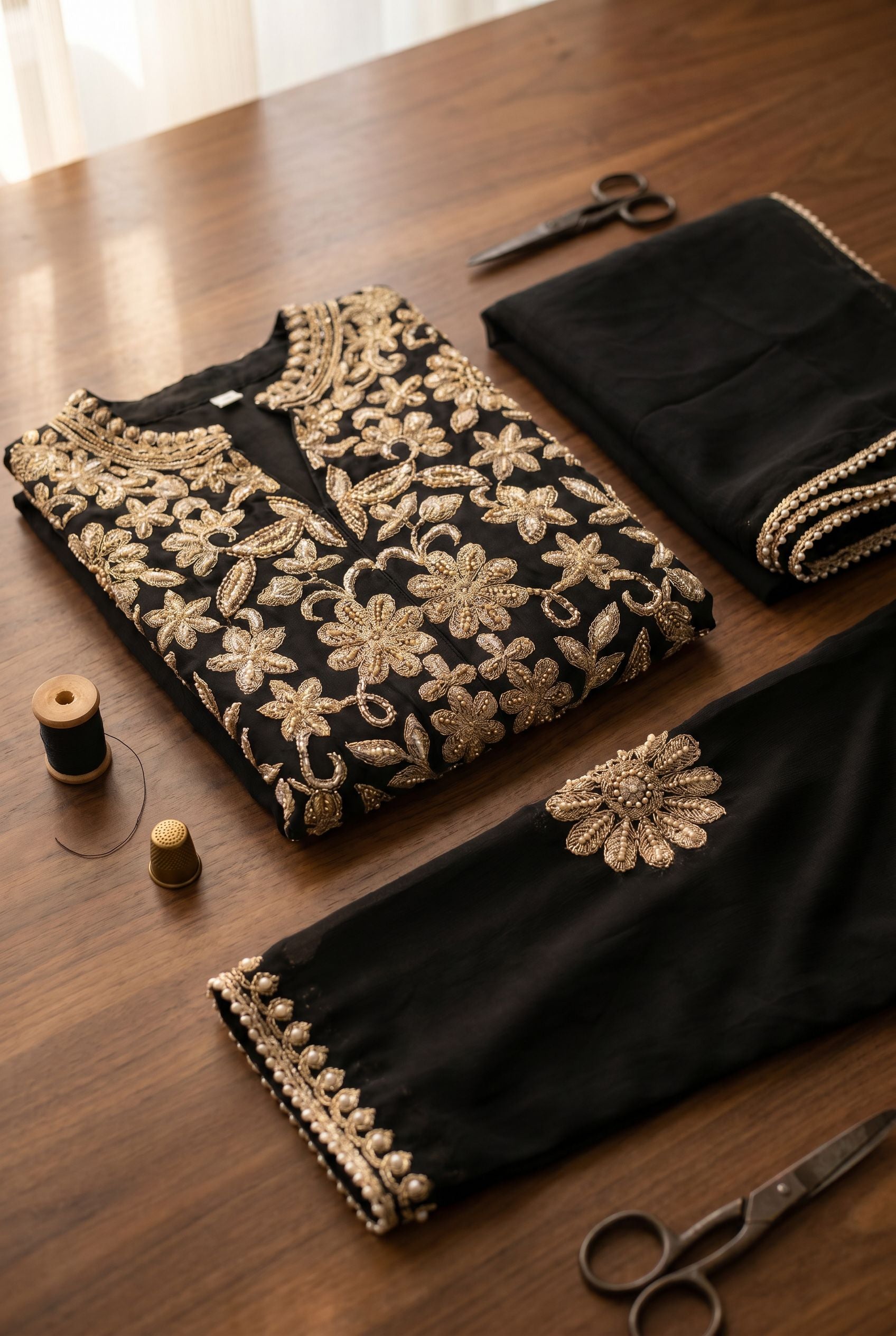 Women's Black Designer Embroidered Chinon Palazzo Suit Set with Dupatta