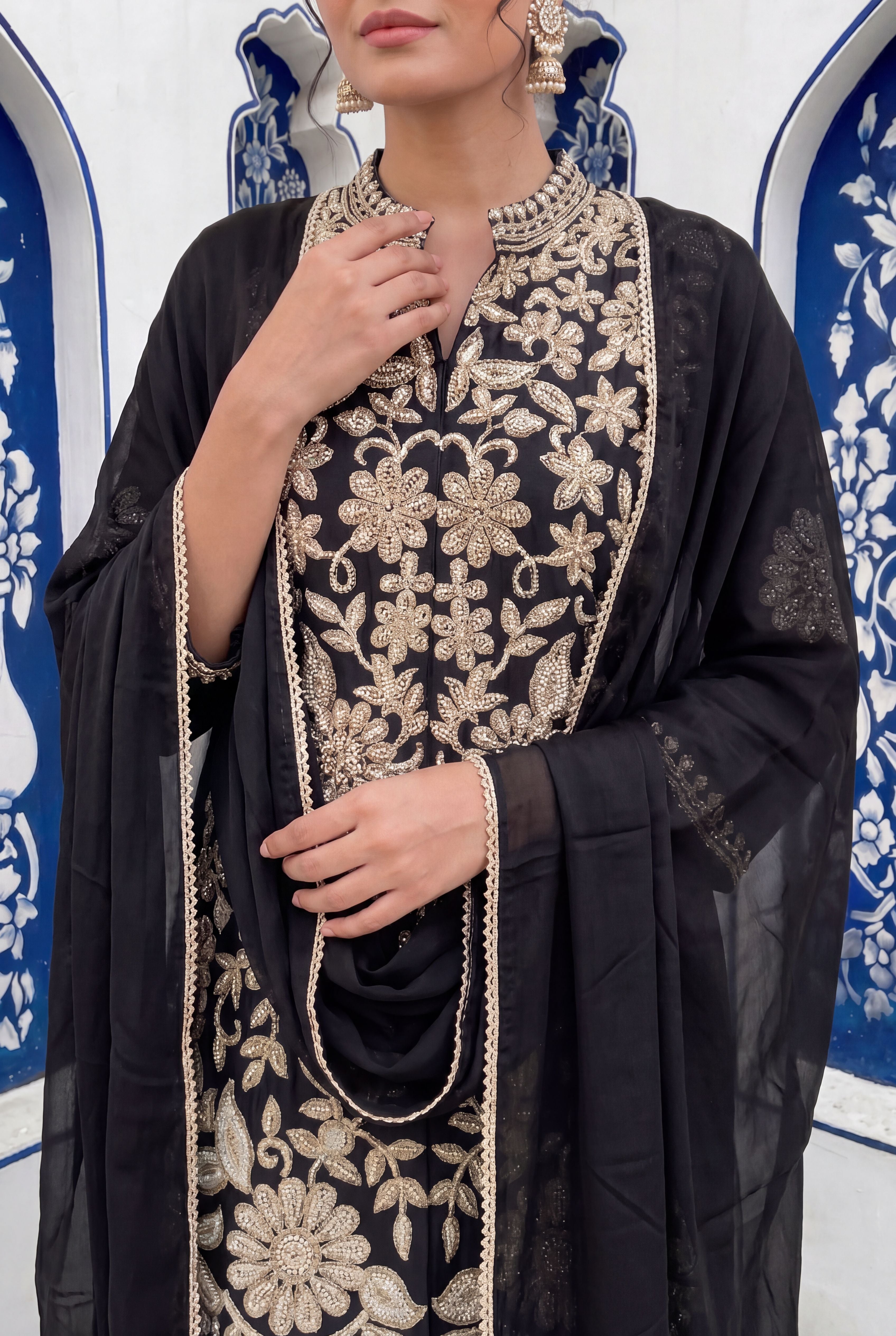Women's Black Designer Embroidered Chinon Palazzo Suit Set with Dupatta