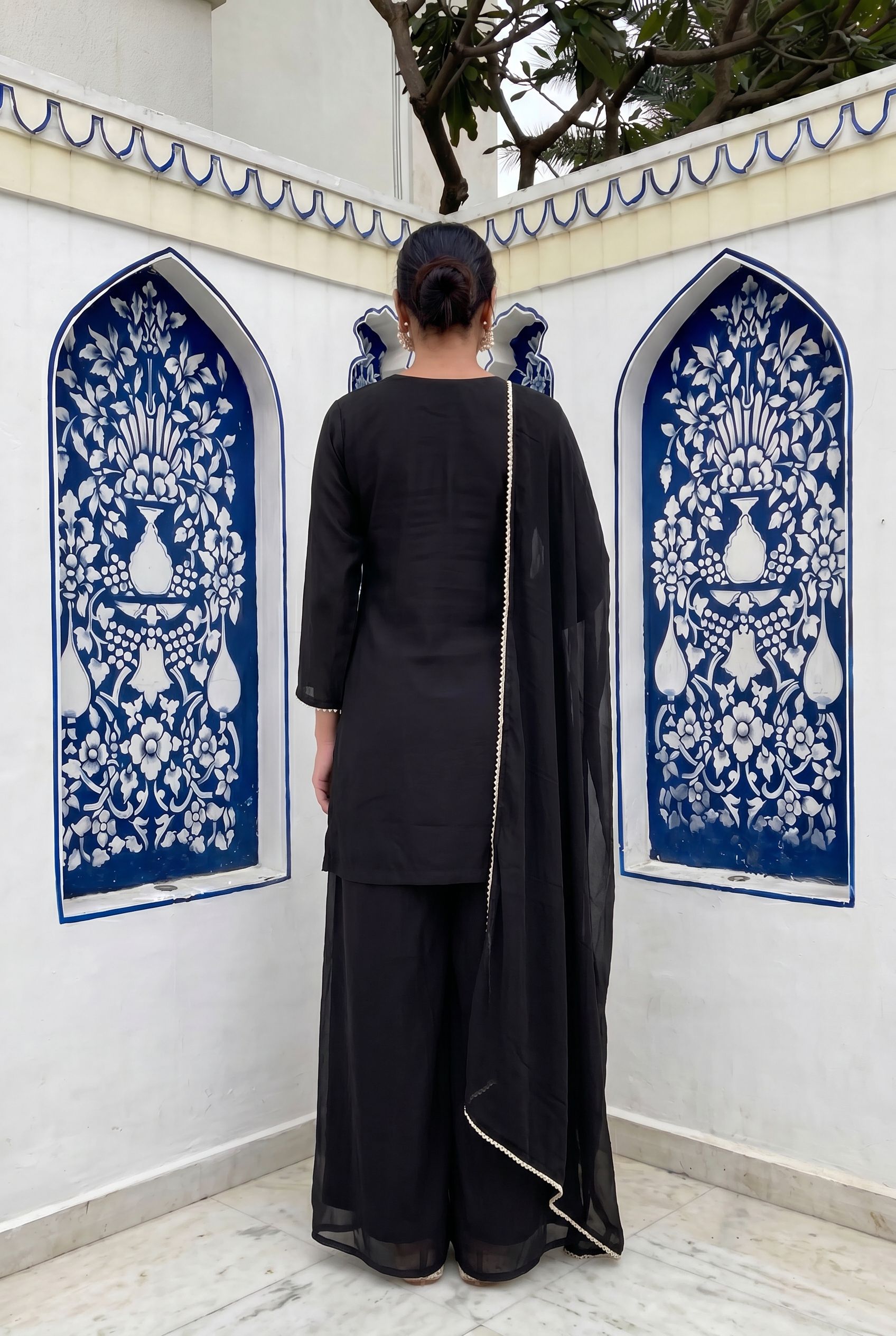 Women's Black Designer Embroidered Chinon Palazzo Suit Set with Dupatta