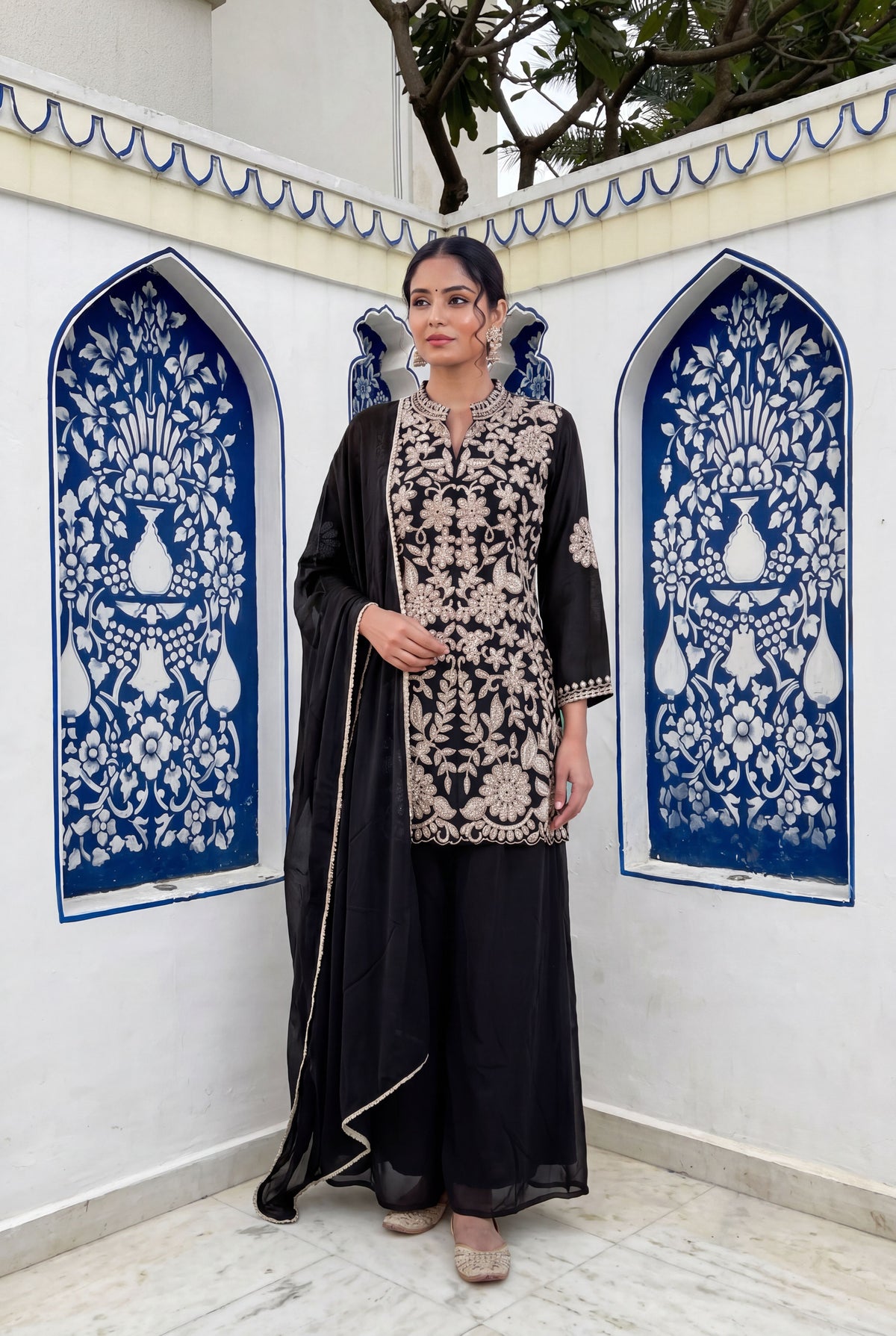 Women's Black Designer Embroidered Chinon Palazzo Suit Set with Dupatta