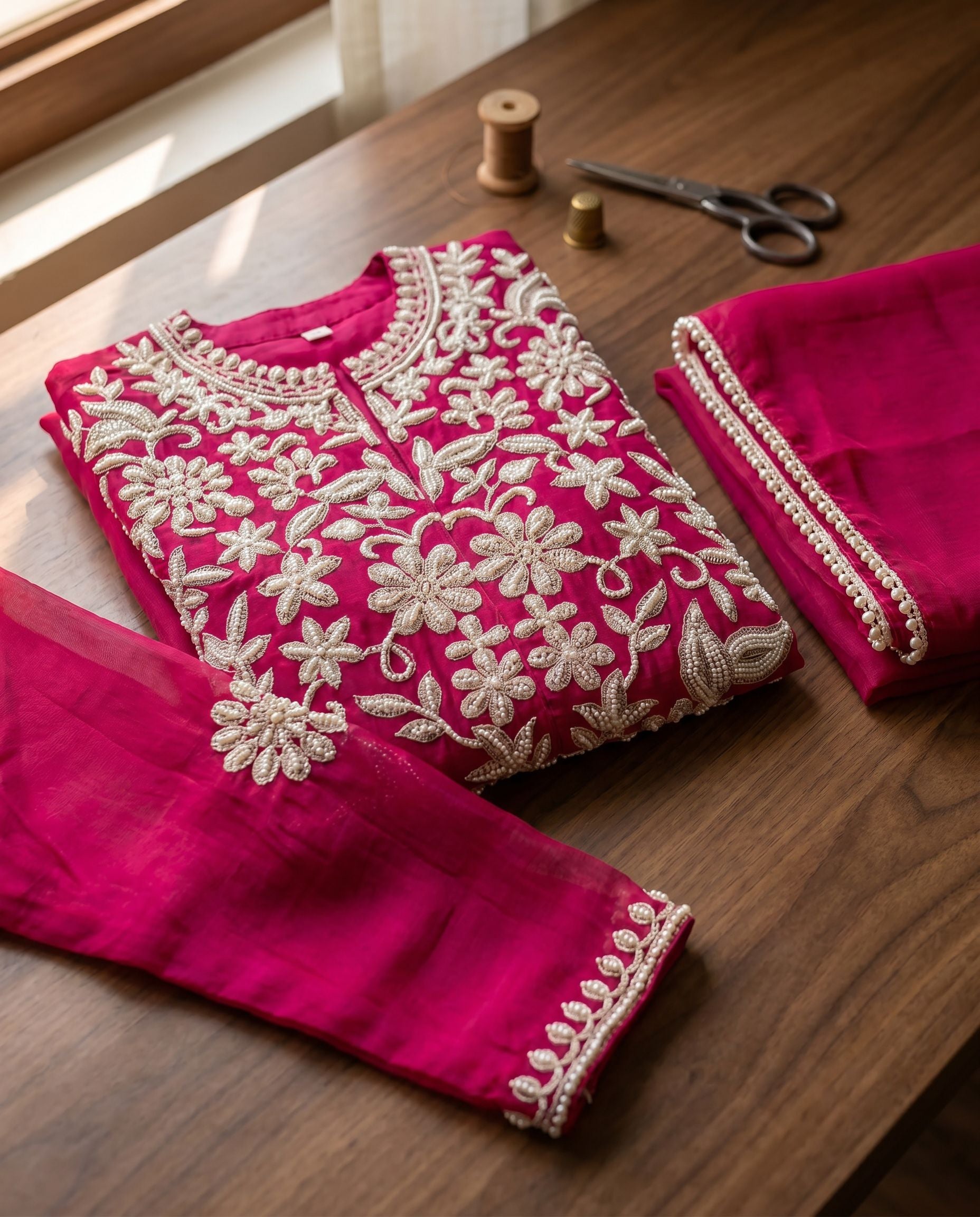 Women's Rani Pink Designer Embroidered Chinon Palazzo Suit Set with Dupatta