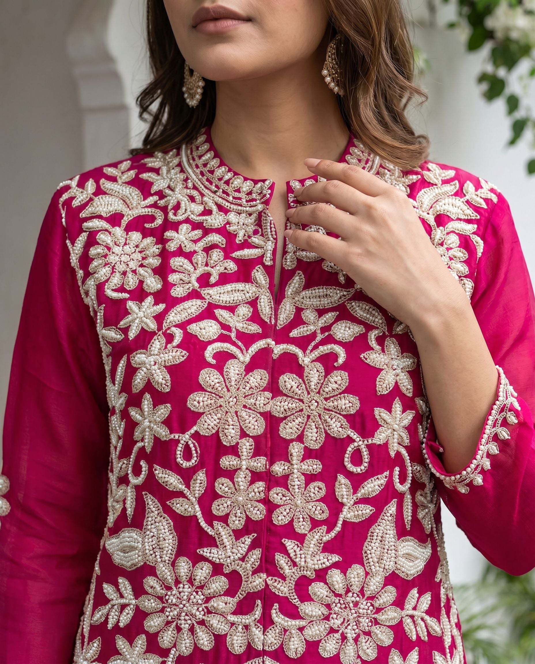 Women's Rani Pink Designer Embroidered Chinon Palazzo Suit Set with Dupatta